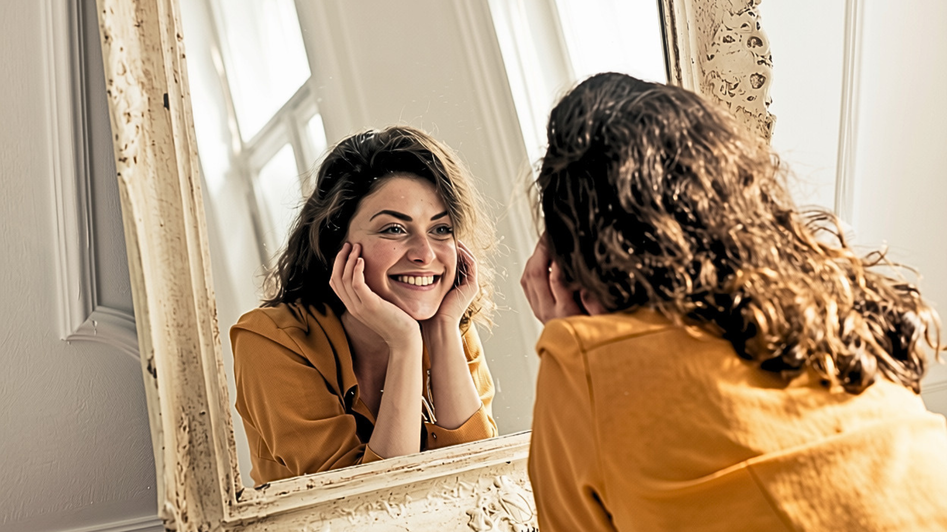 Woman looking at younger face with Botox Dysport