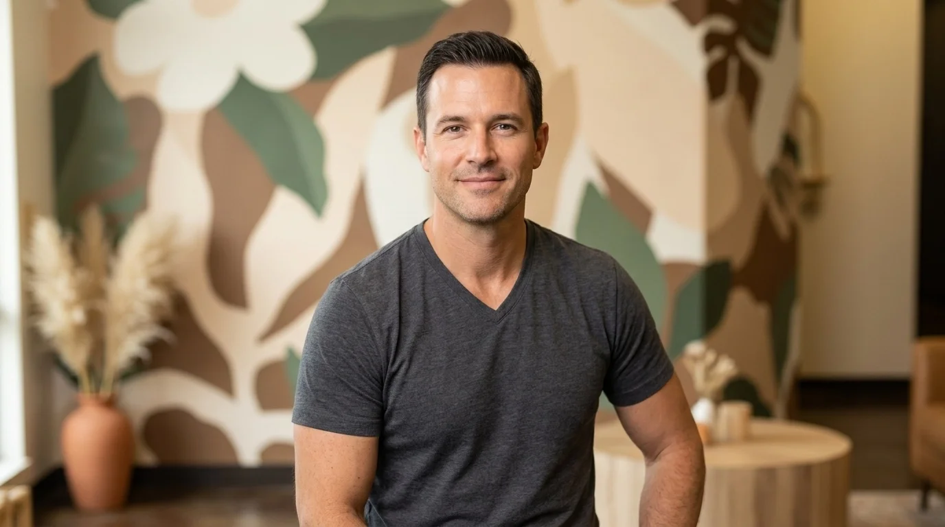 A handsome man looking refreshed and natural in a welcoming, modern med spa environment.