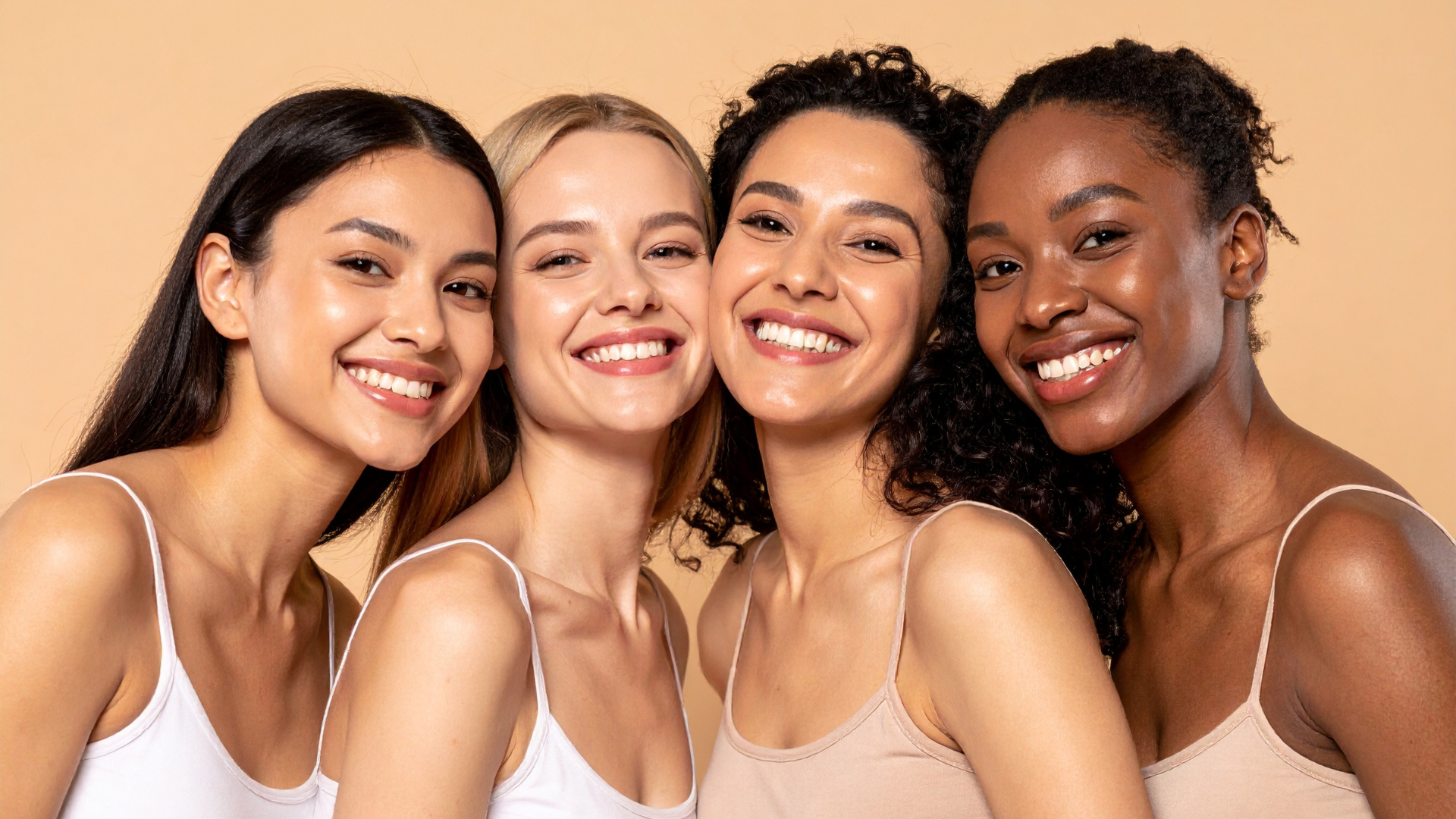 Four women with glowing, healthy skin smiling together