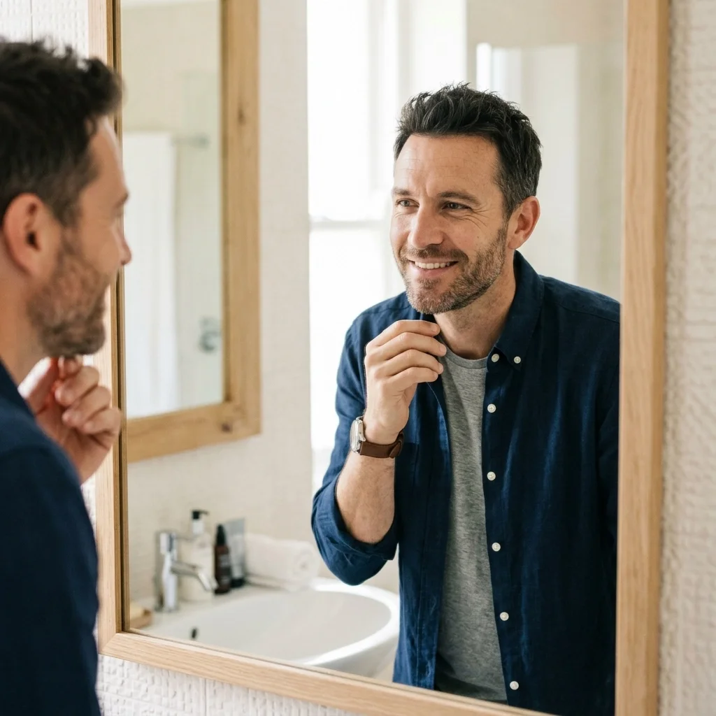 A man smiling at his refreshed, natural reflection in a mirror.