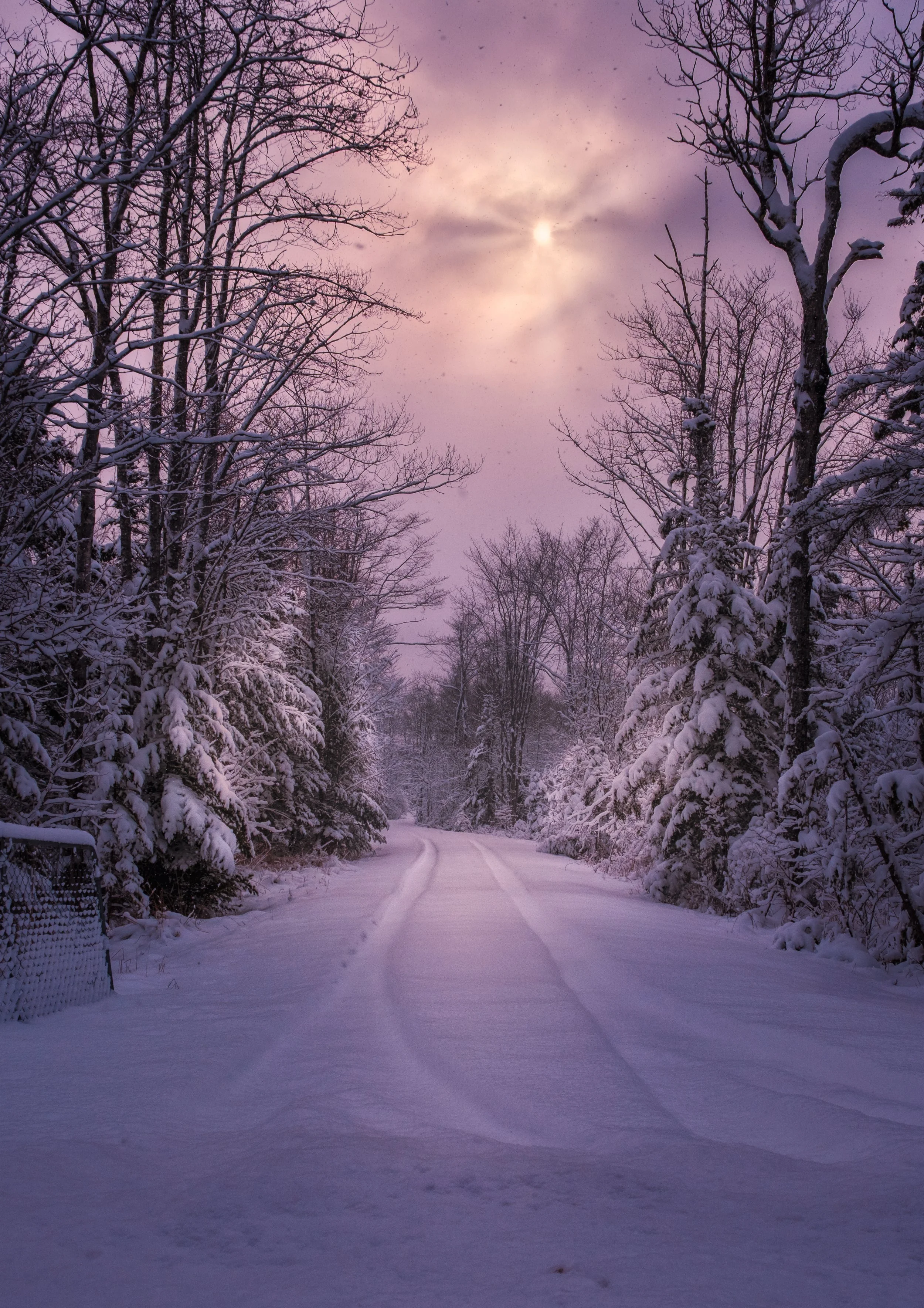 Snow falls as the sun rises in Owls Head