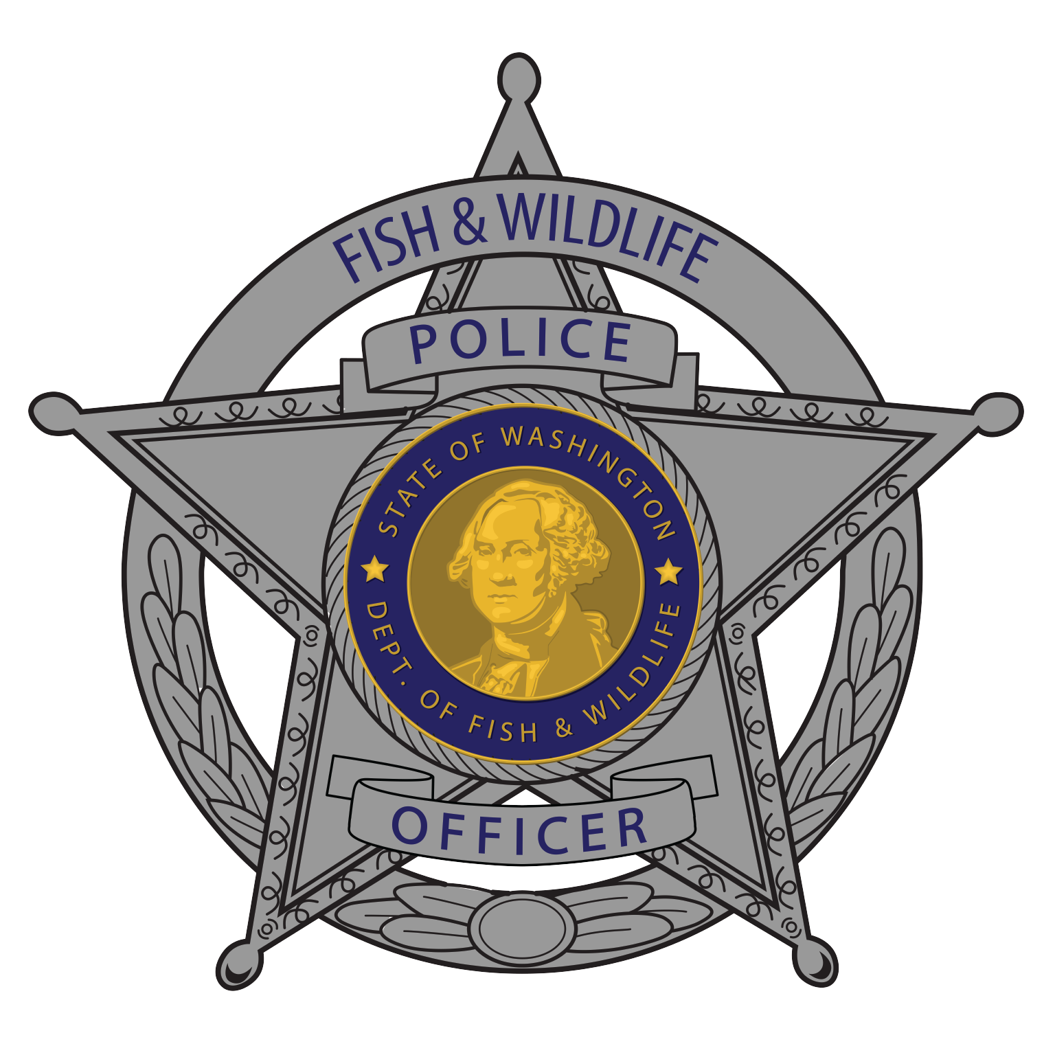Badge for Washington State Department of Fish and Wildlife Police, featuring a star with a medallion of George Washington in the center.