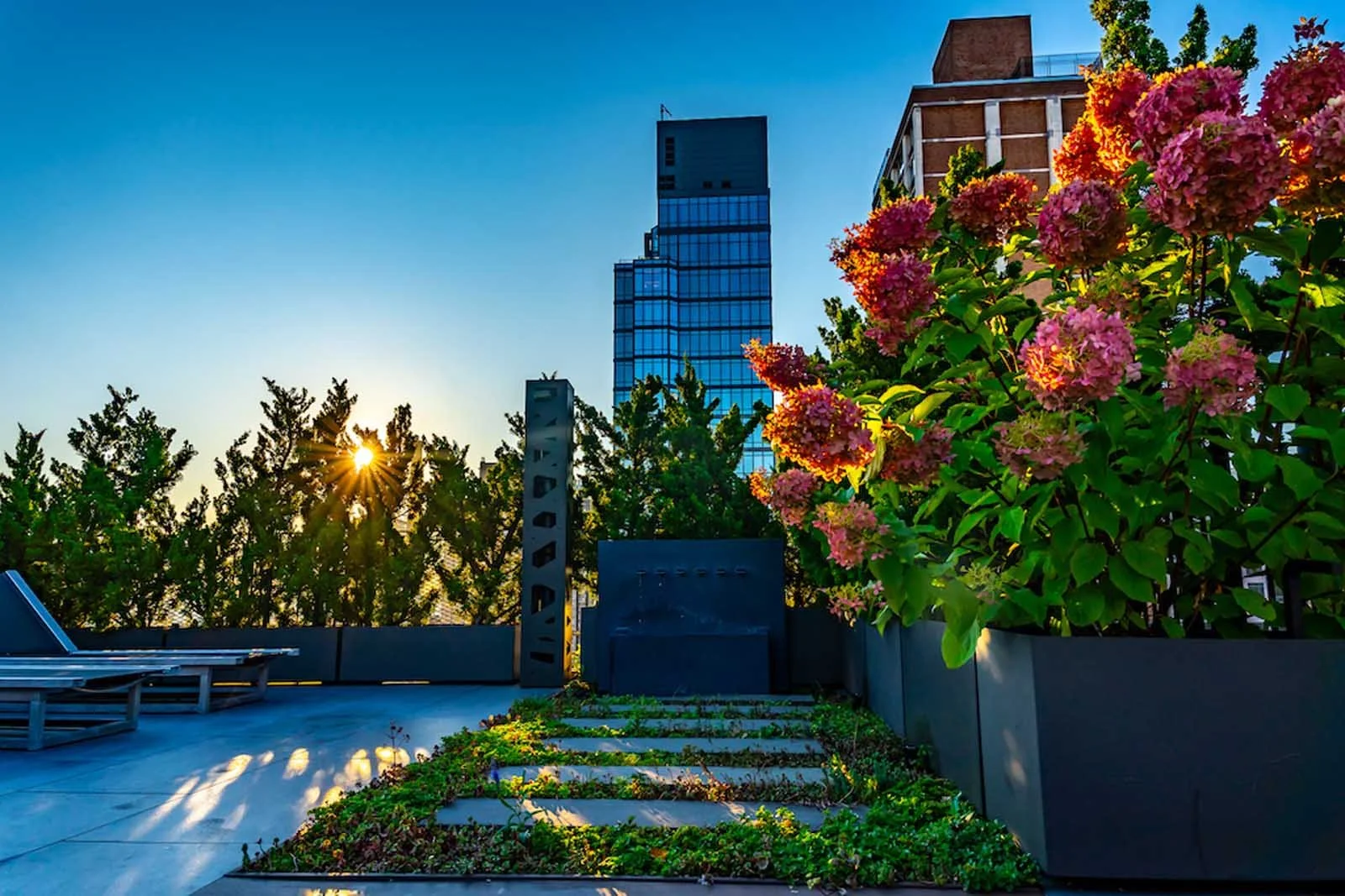 Manhattan rooftop garden with lounge chairs and city skyline view