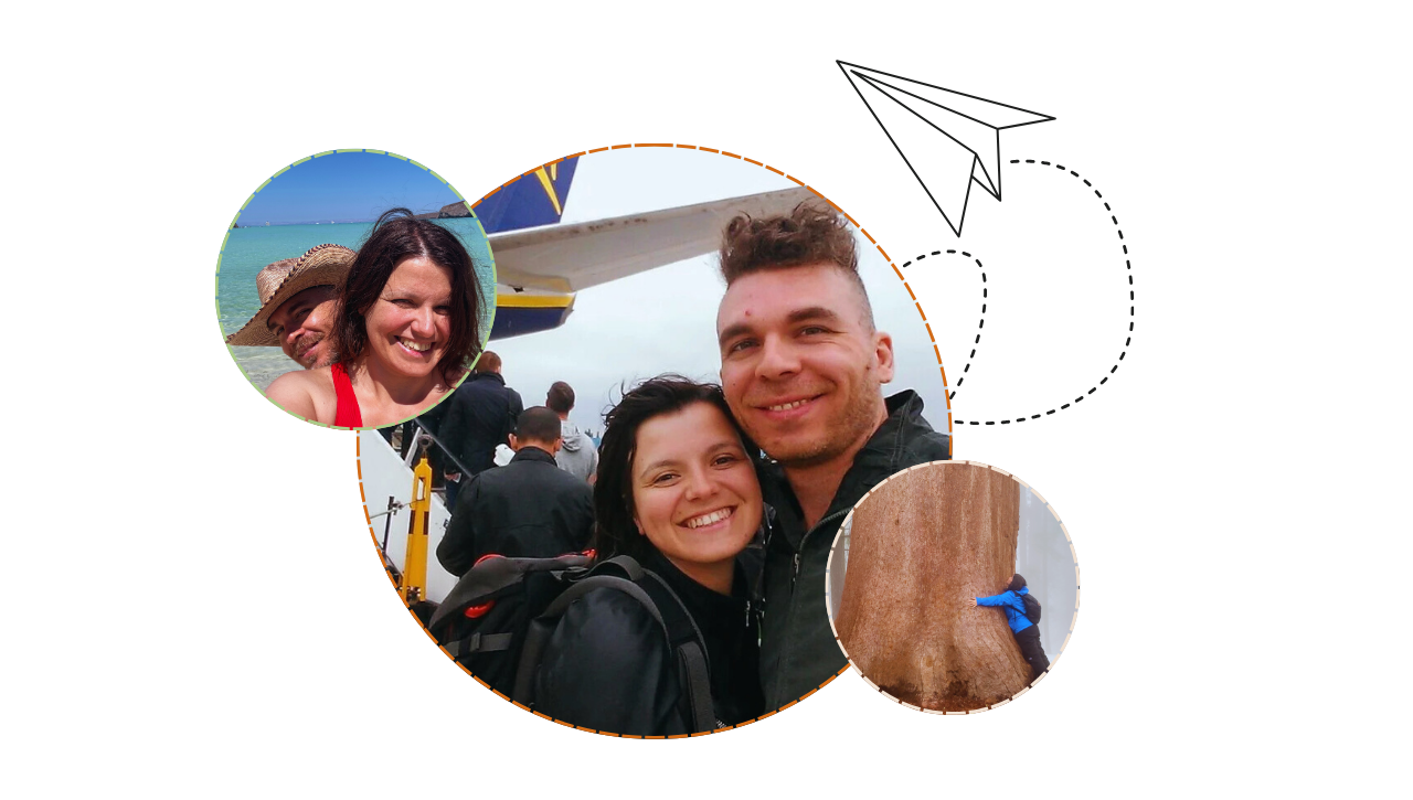 Al centro: Claudio&Azzurra in partenza per il loro primissimo viaggio, nel 2014.
A sinistra: Claudio&Azzurra durante il loro viaggio di nozze in Messico.
A destra: Azzurra abbraccia una sequoia gigante al Sequoia National Park in California - USA