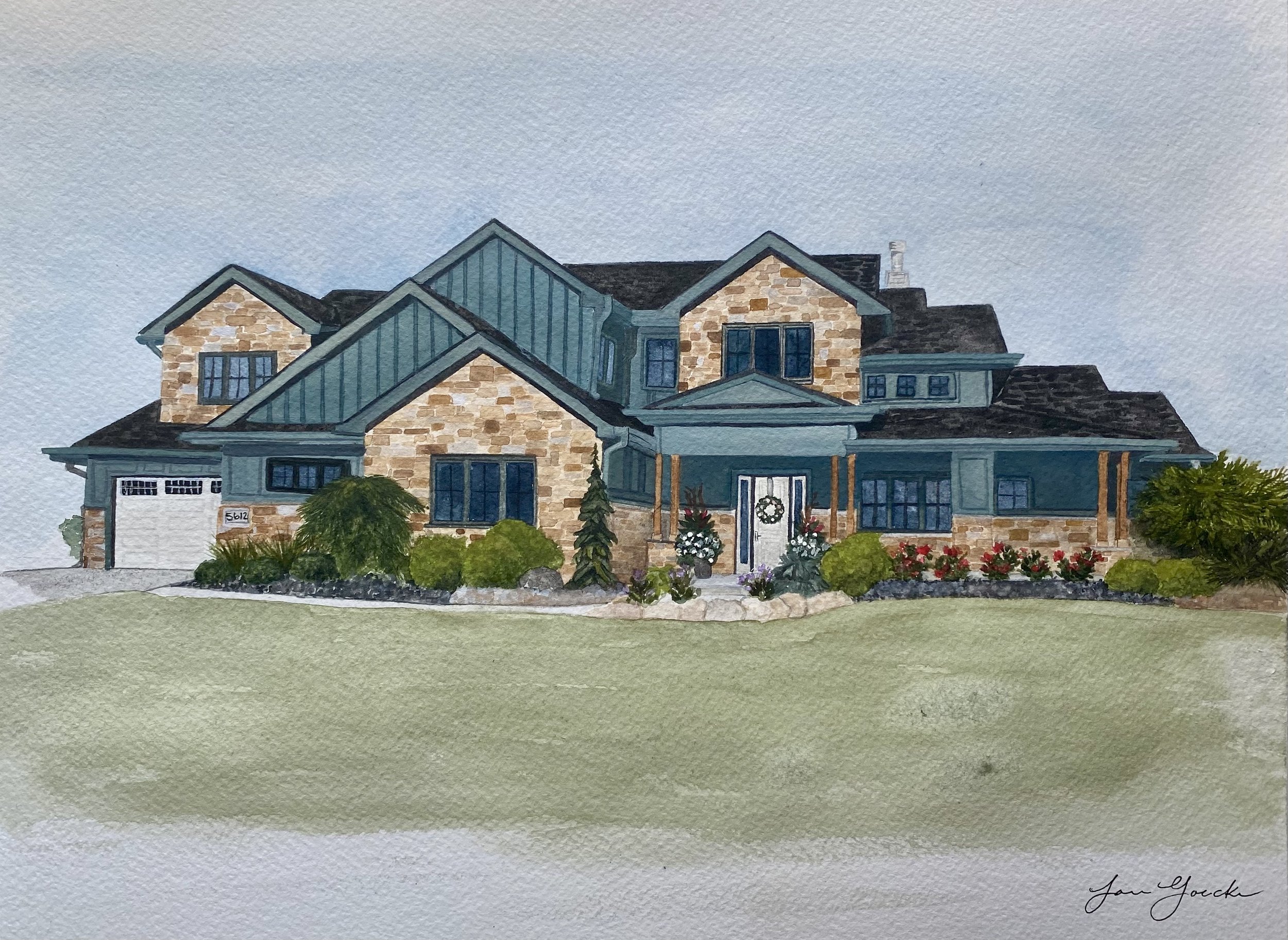 Watercolor painting of a large stone and wood house with a landscaped yard.