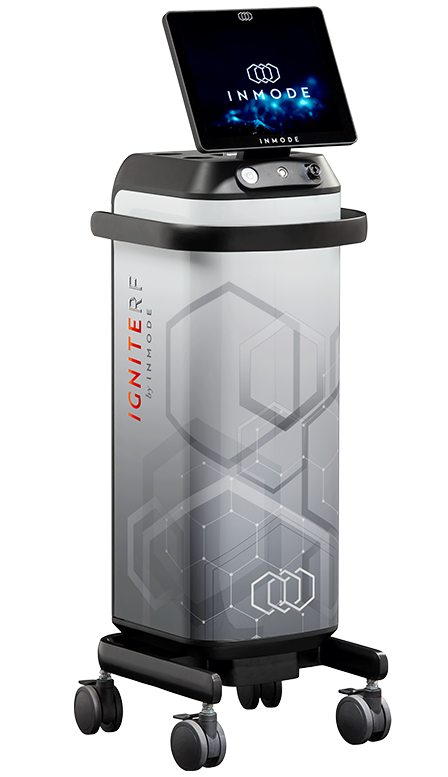 Medical device with a tablet screen on top displaying 'INMODE' and 'IGNITERF' branding, mounted on a mobile cart with wheels.