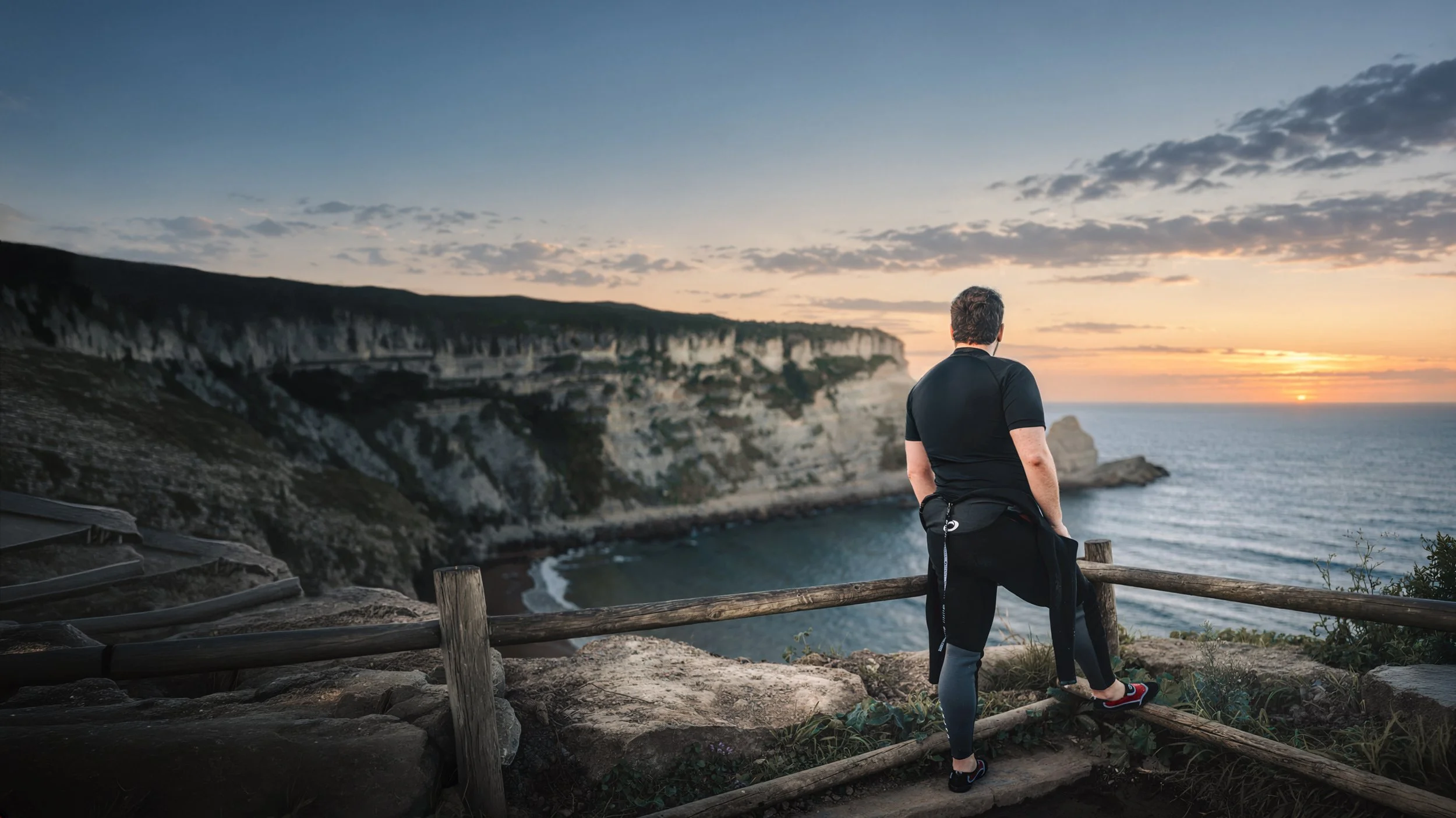 Man standing near a wooden fence, overlooking the ocean and cliffs at sunset.