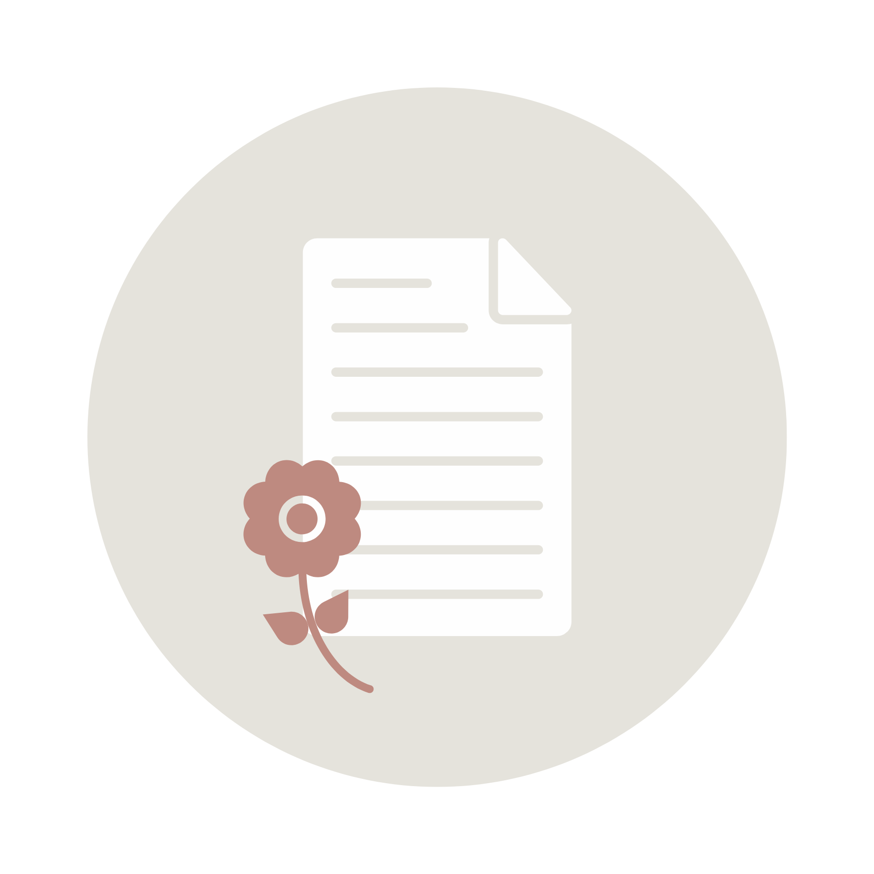 A document with lines of text and a pink flower in the lower left corner on a gray circular background.