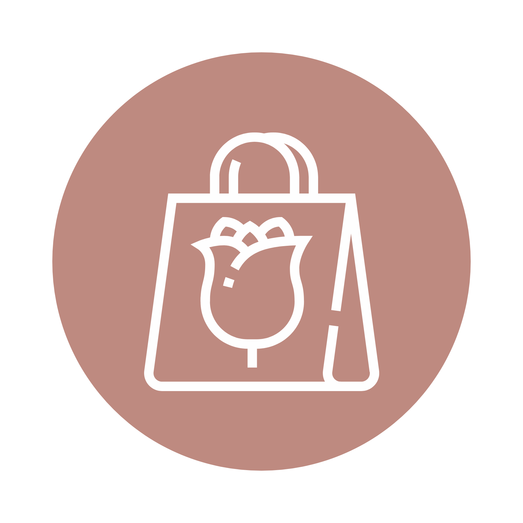 Outline of a reusable shopping bag with a tulip-shaped flower on it, set against a brown circular background.