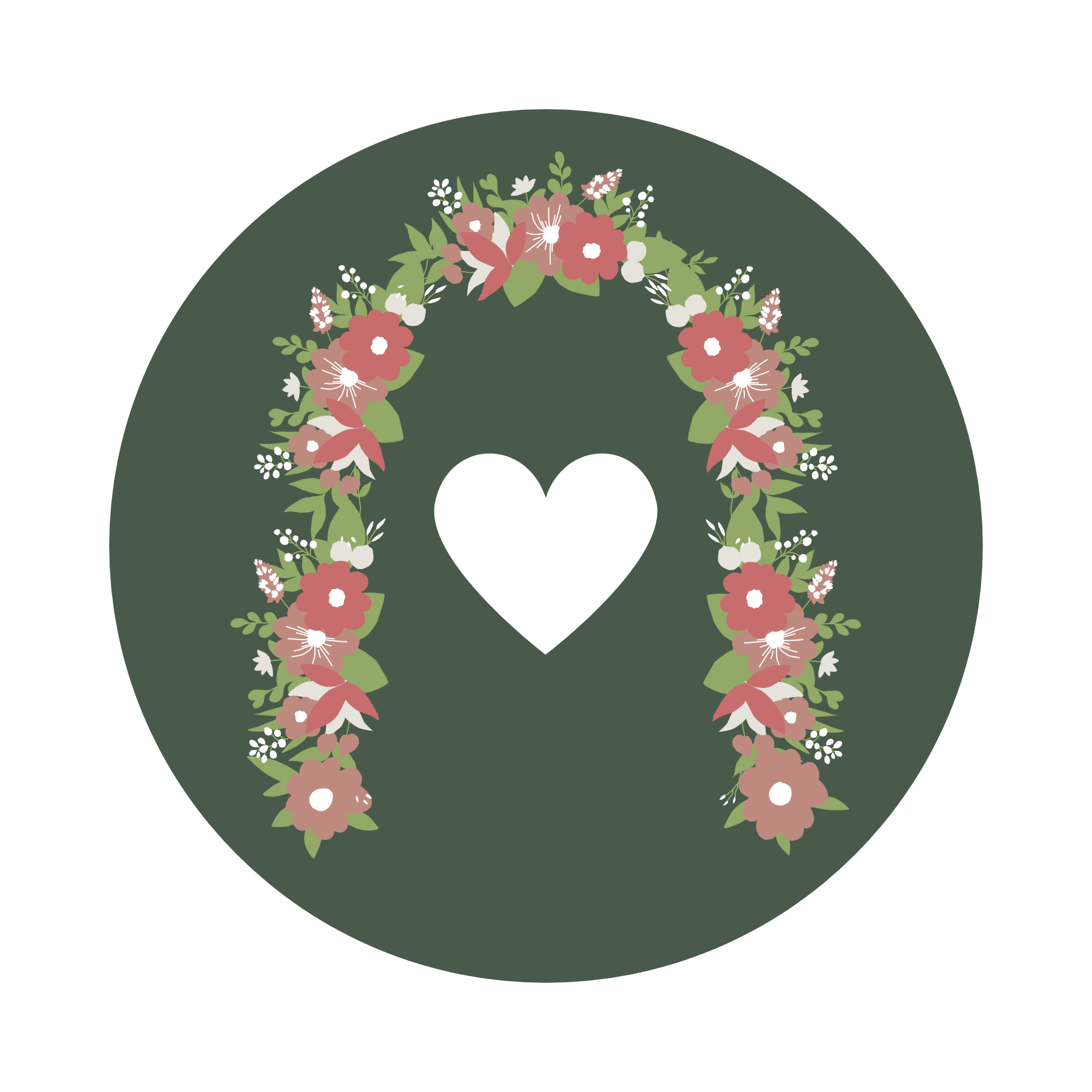A decorative circle with a floral wreath surrounding a white heart on a dark green background.