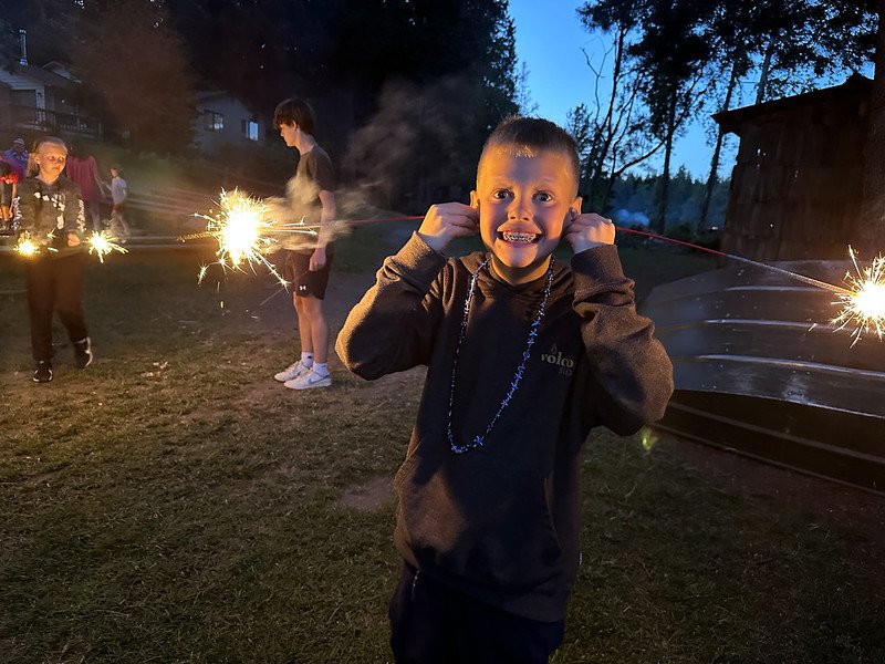 Children holding sparklers outdoors at dusk, smiling and celebrating.