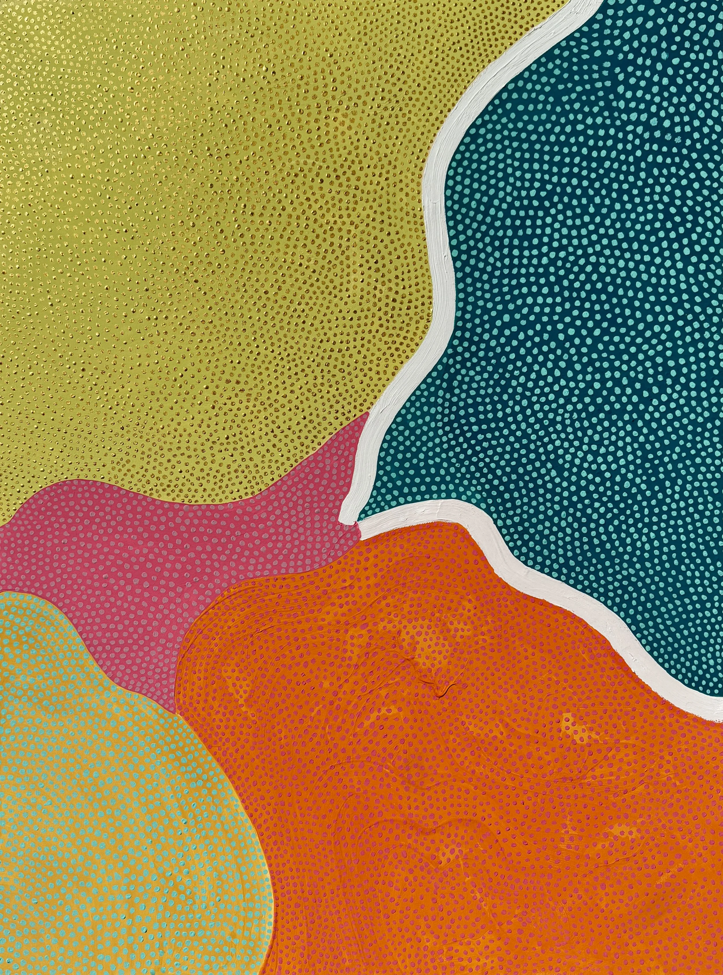 Abstract painting with colorful areas and dotted patterns, featuring shades of yellow, blue, pink, and orange with a wavy white border.