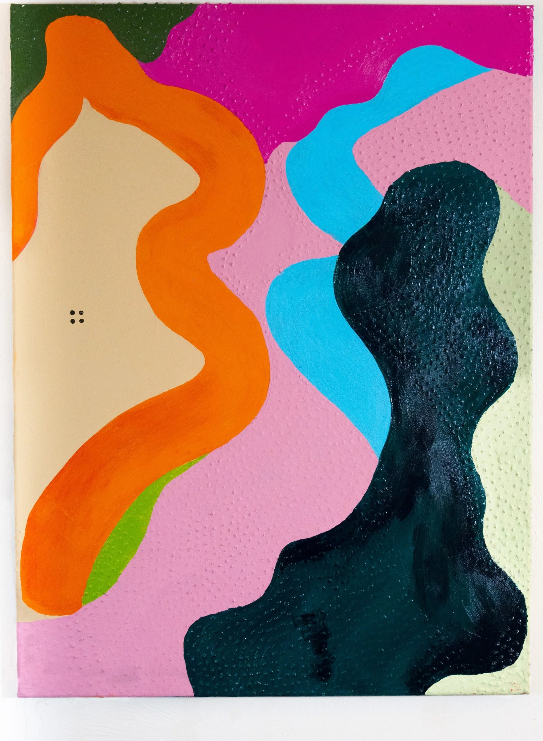 Abstract painting with colorful wavy shapes in orange, black, blue, pink, and green on textured canvas.