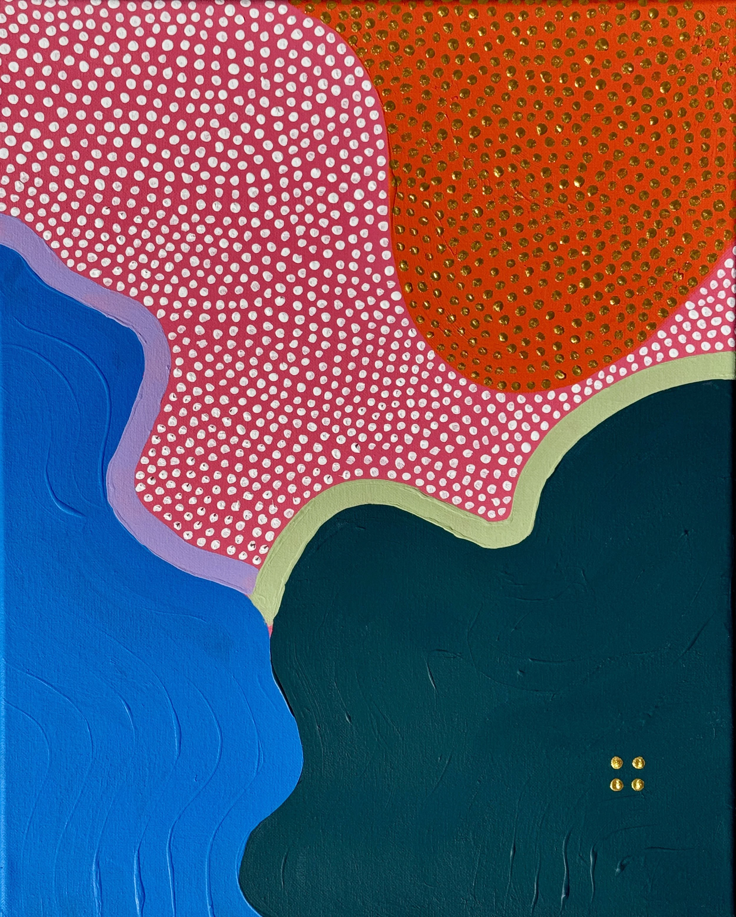 Abstract painting with multicolored dotted shapes on a pink, red, blue, green, and purple background.