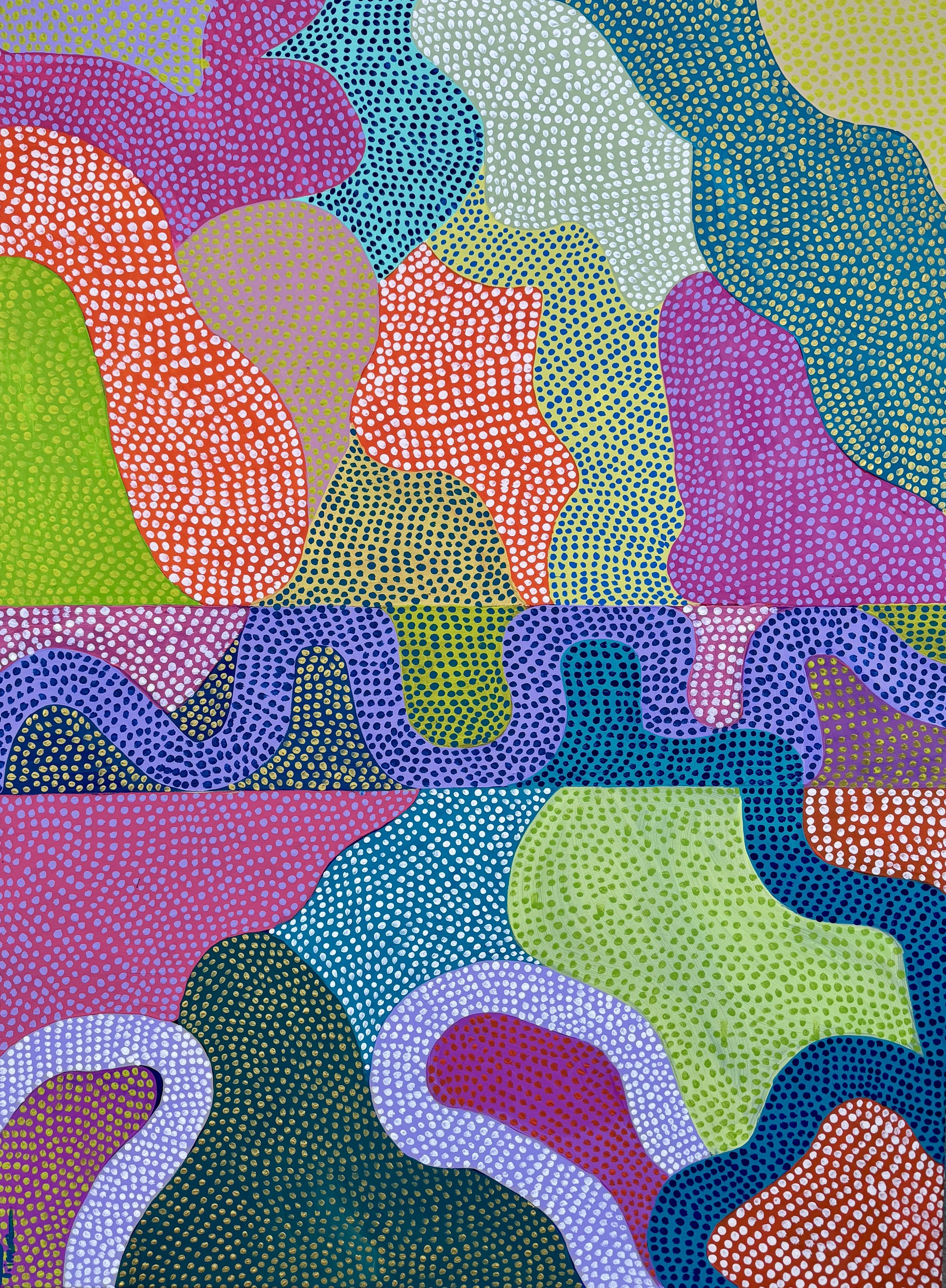 Abstract colorful pattern with irregular shapes filled with small dots in various colors, resembling a stylized, colorful map or landscape.