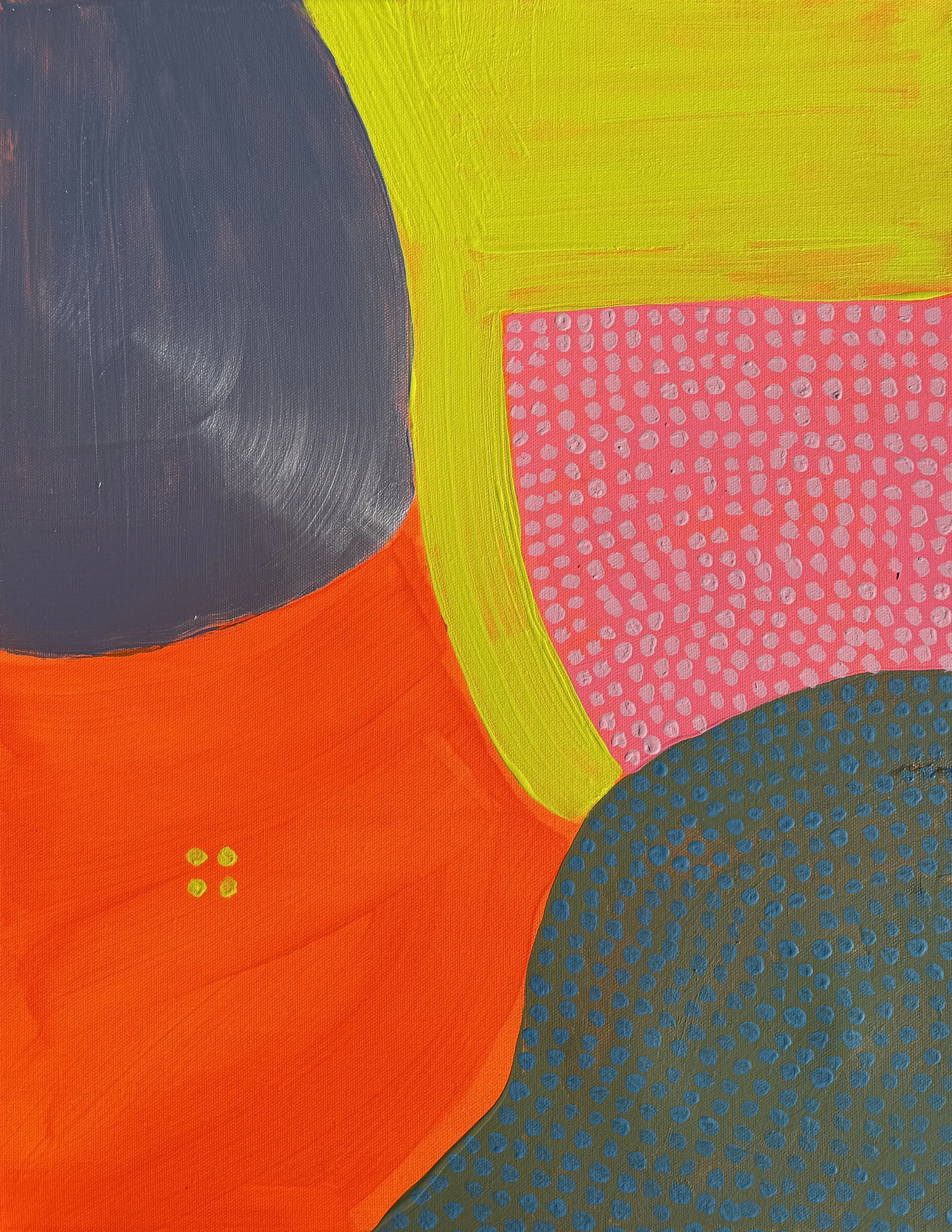 Close-up of a colorful abstract painting featuring large, overlapping shapes in dark gray, bright orange, pink with white dots, olive green with blue dots, and neon yellow background.