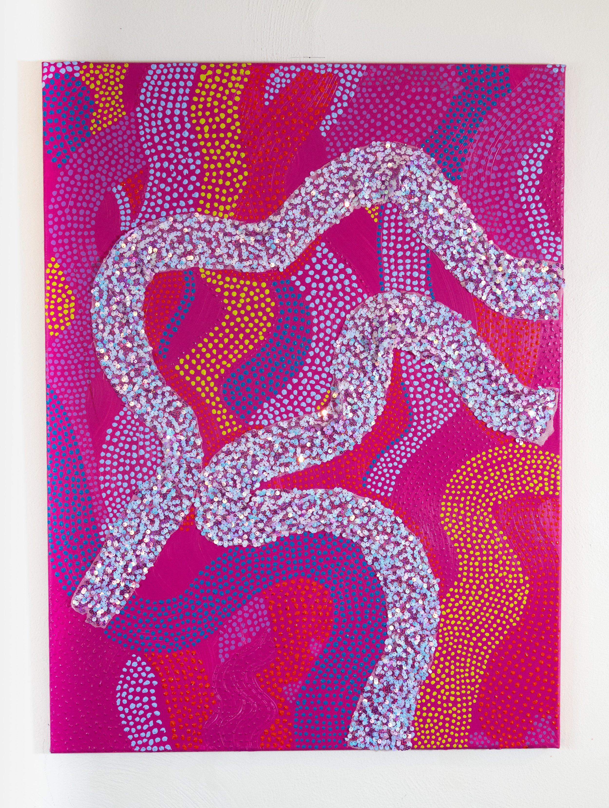 Abstract painting with colorful dots and wavy lines on a bright pink background