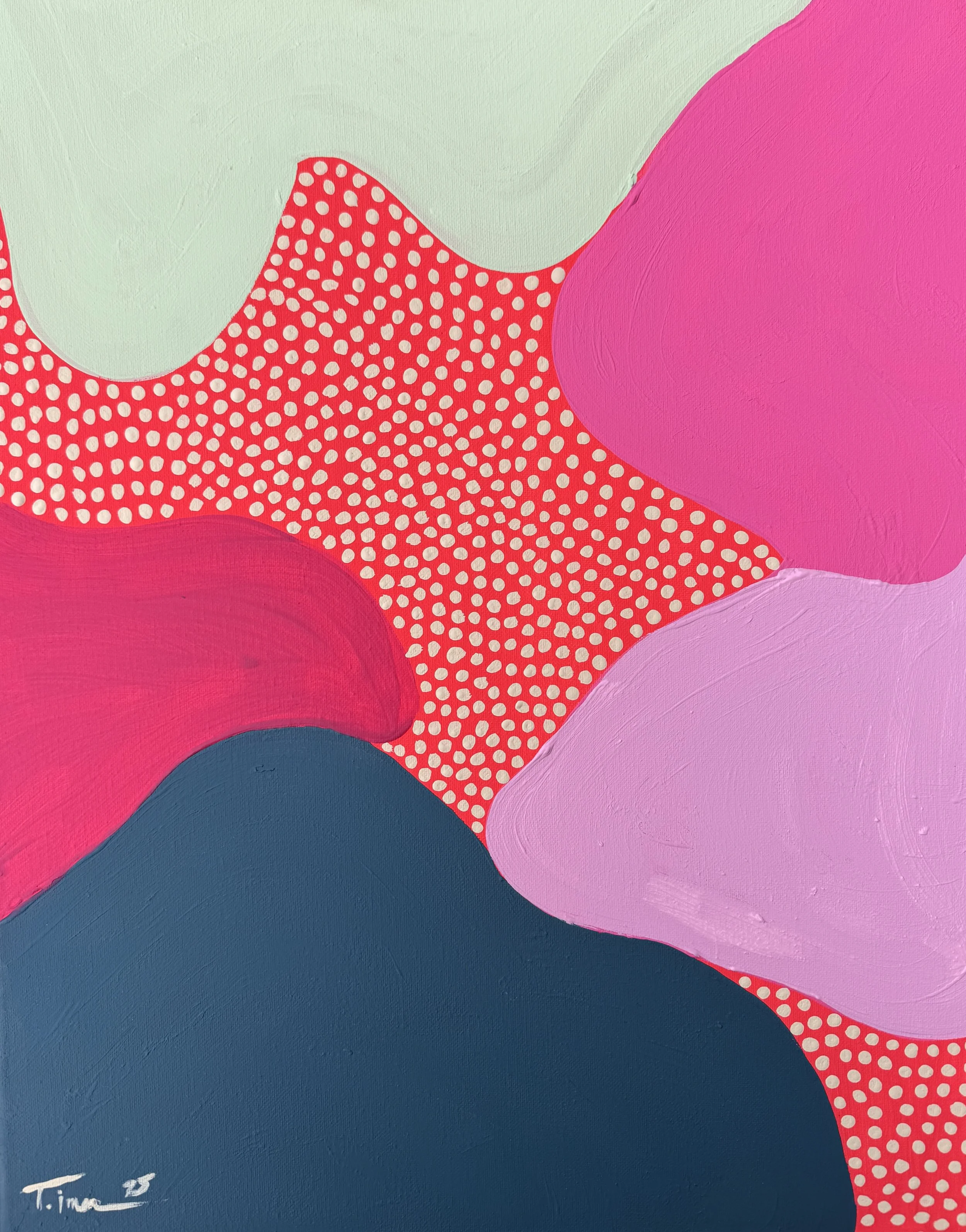 Abstract painting featuring large shapes in pink, purple, red with white polka dots, and light green background.