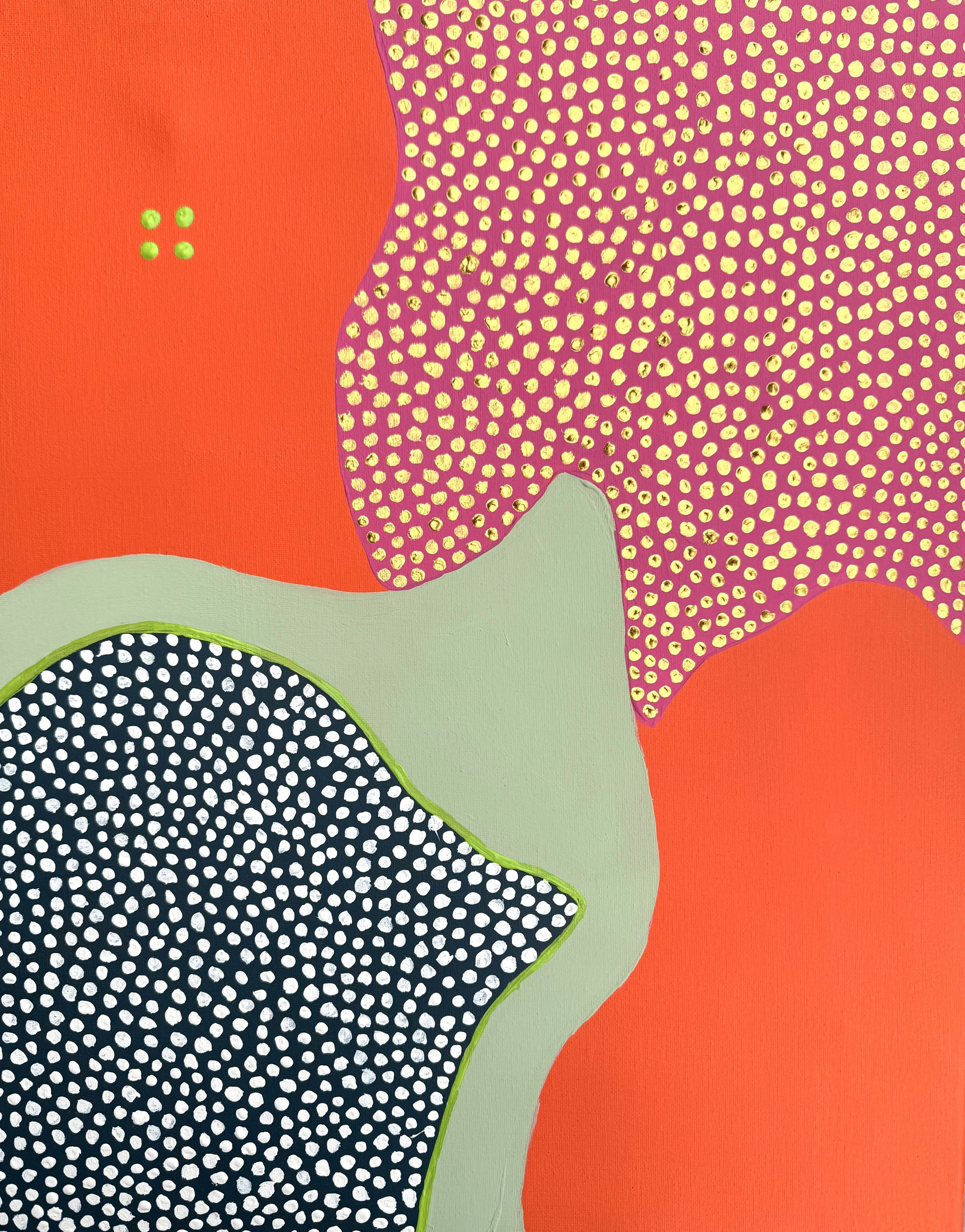 Abstract painting with bold shapes and dotted patterns in red, green, purple, black, and yellow.