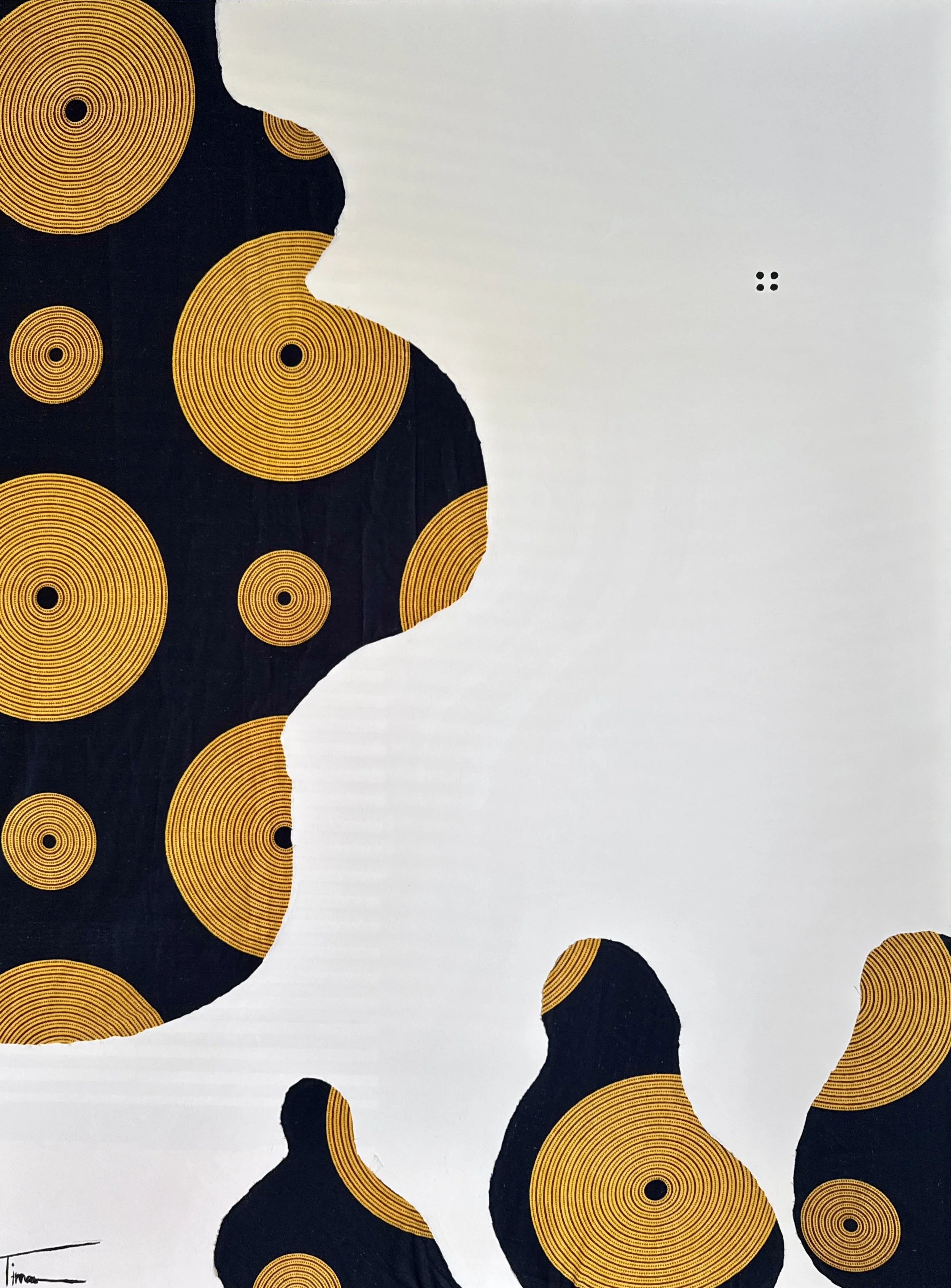 Abstract art featuring black and gold concentric circles on a white background with irregular black shapes. Famous St. Louis Abstract artist.