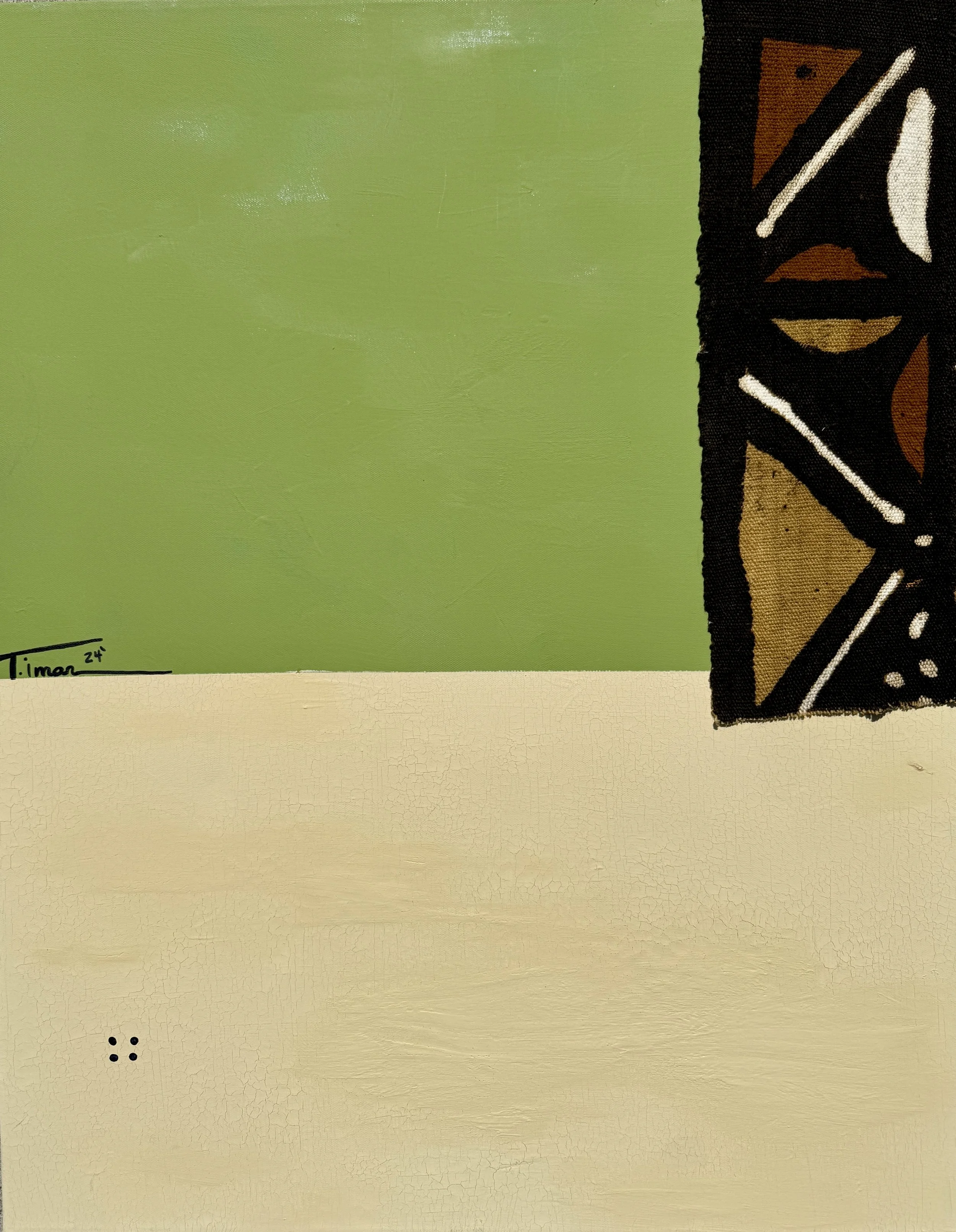 Abstract painting with green and beige sections, featuring a vertical black textured pattern on the right side, adorned with geometric designs and earthy tones.