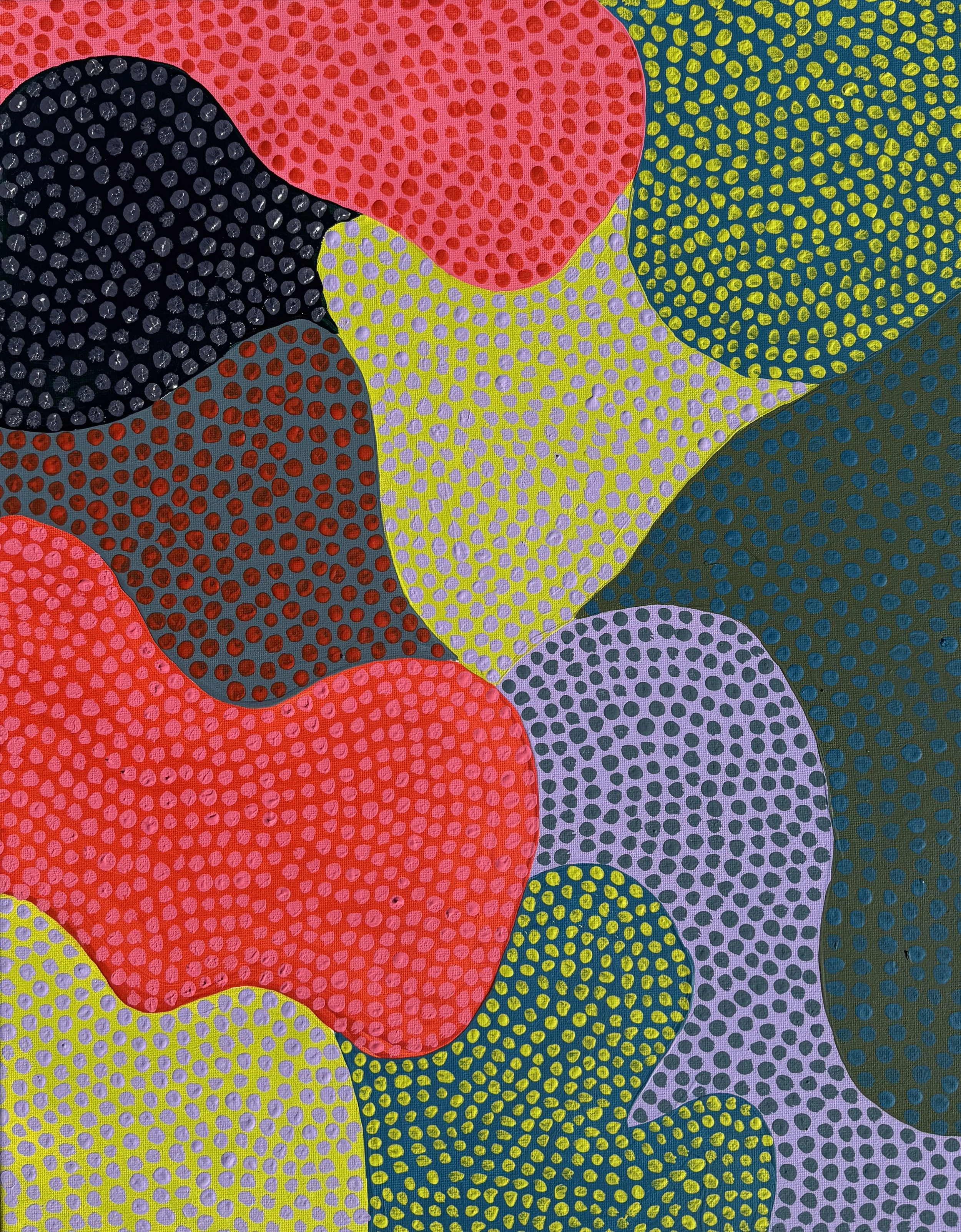 Colorful abstract pattern with overlapping organic shapes filled with dotted textures in red, black, green, purple, and yellow.