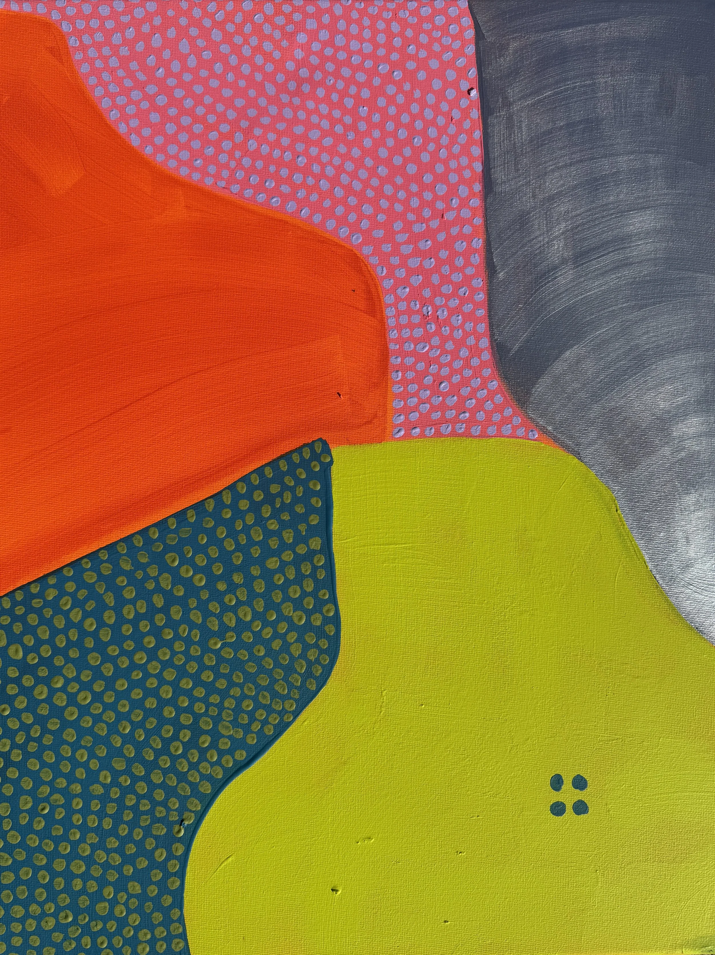 Close-up of an abstract painting with sections of orange, pink with purple dots, dark gray, and yellow with green dots.