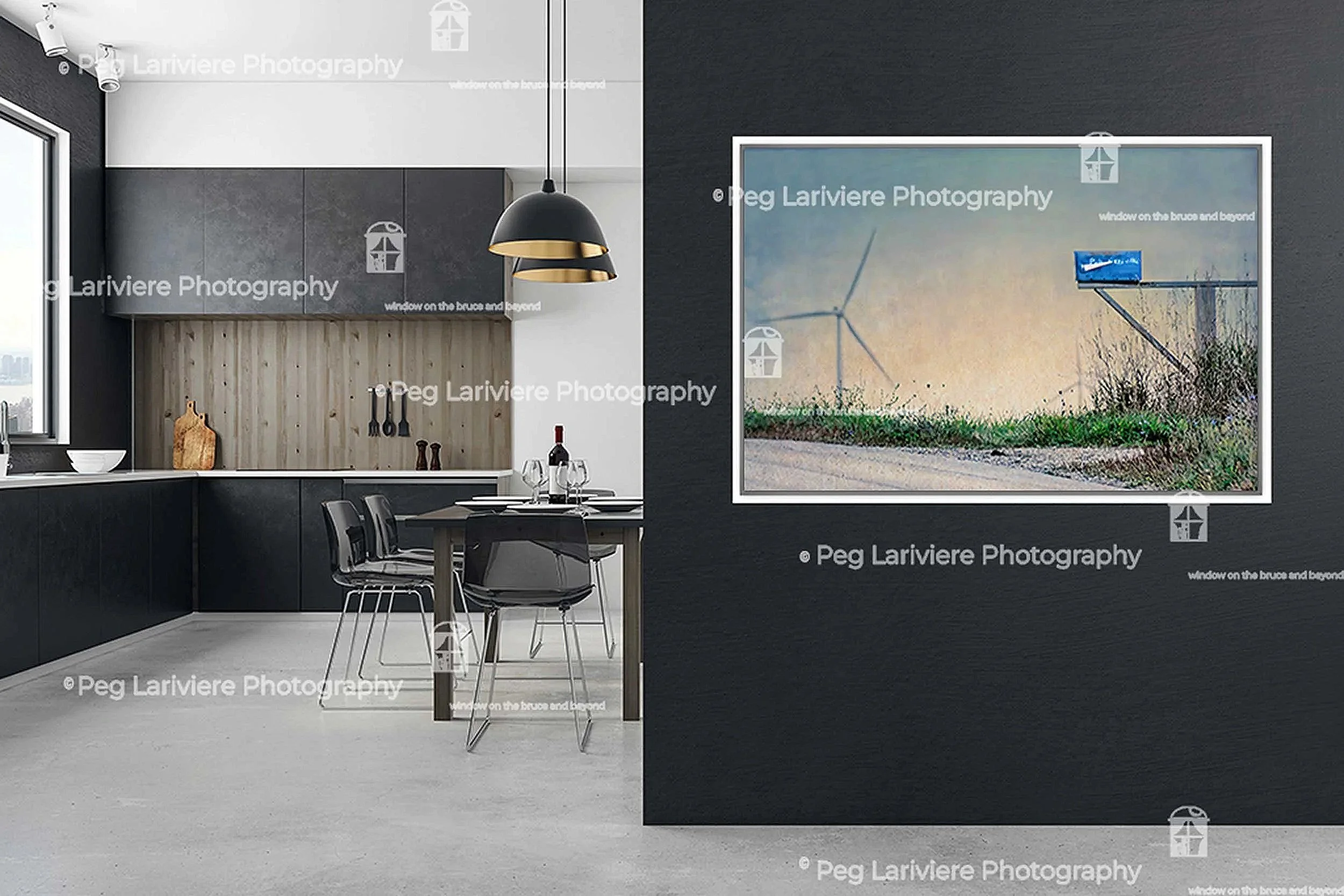 A modern kitchen and hall area. The hall has a black wall with a framed photo of Farm at the Top of the Hill