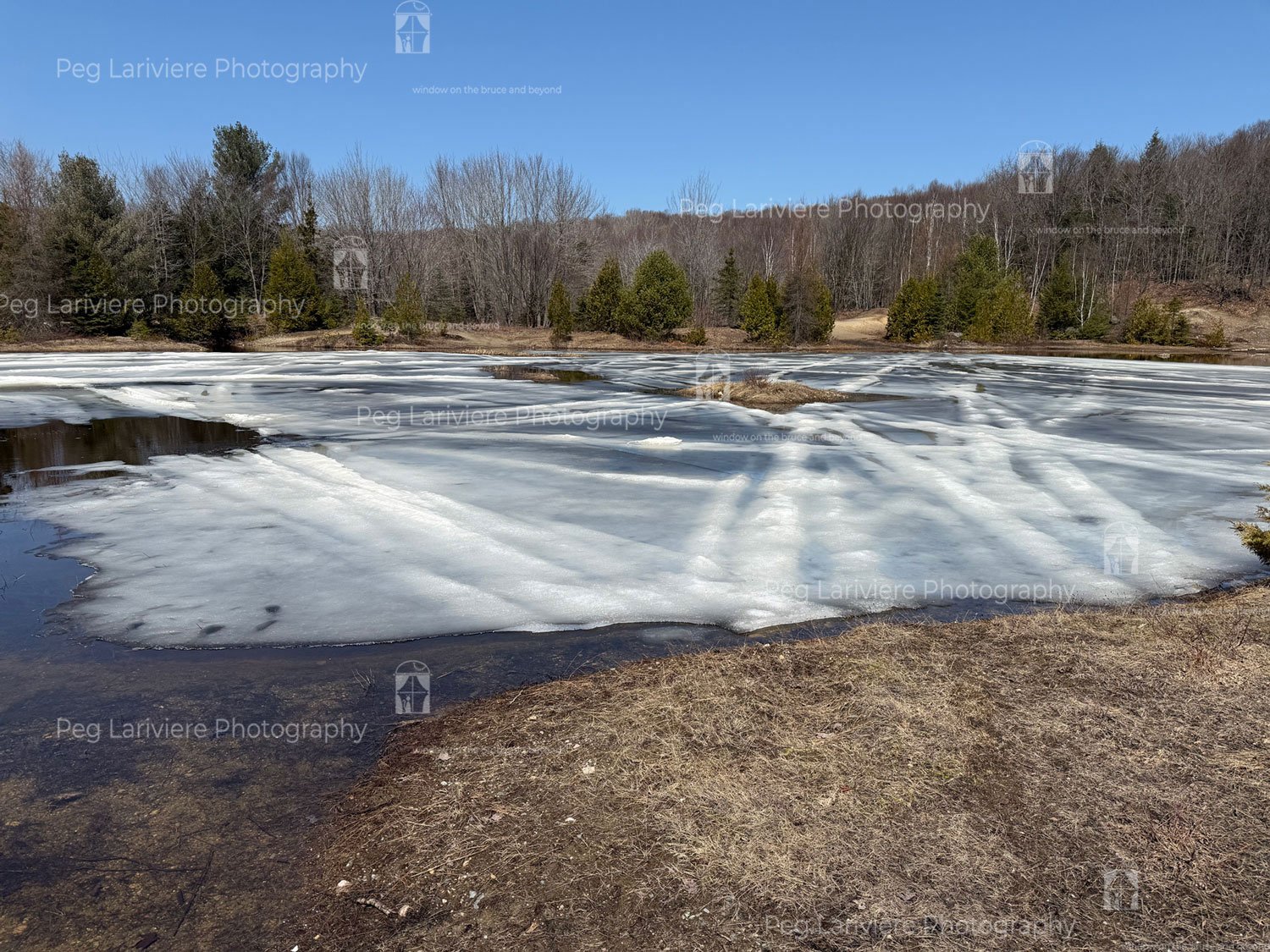 Landscape of partially frozen pond with snow machine tracks creating a white winter web.