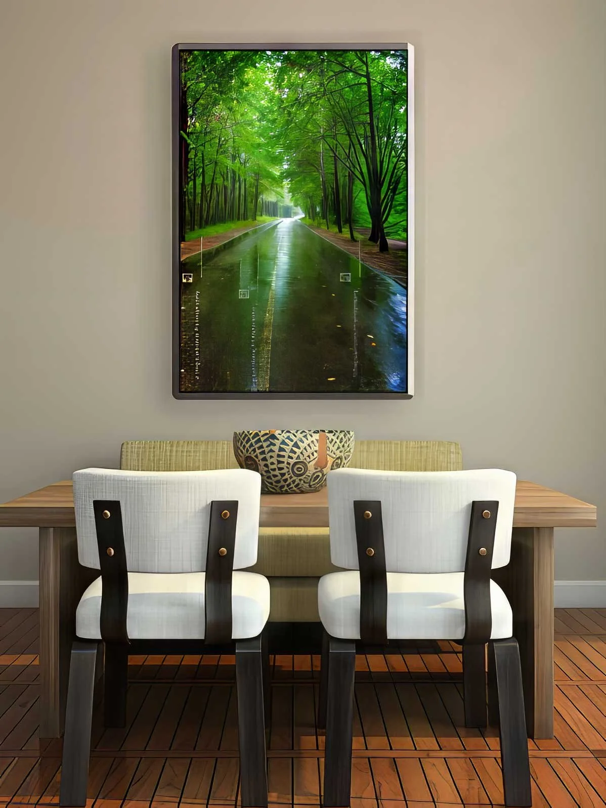 Modern eating area with a wooden dining table and four upholstered chairs. Hanging above the table on a beige wall is a framed Point Farms photo. The display photo is a Bigstock#7438420.