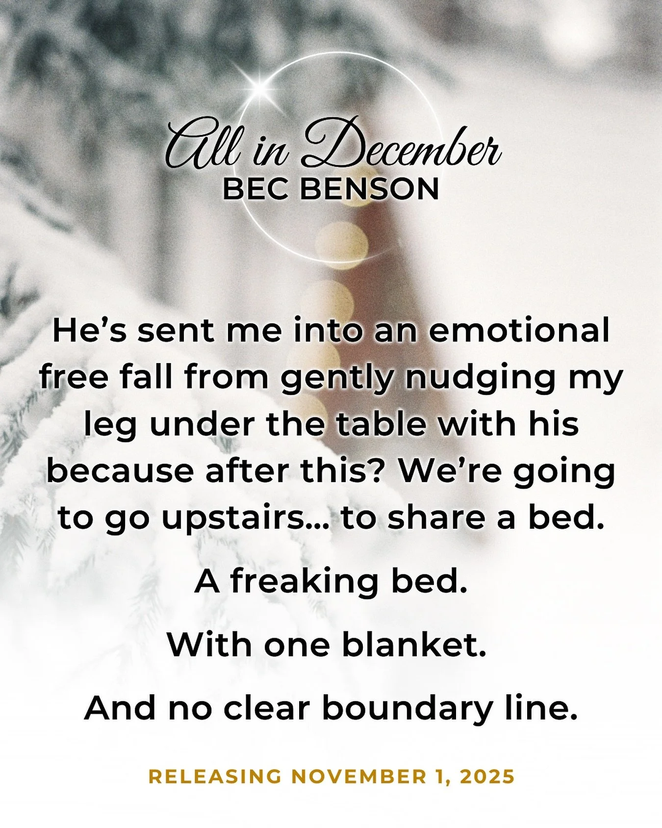 Caleb is just a smidgeeee worried about sharing a bed with a kind, hot stranger 🤭

ALL IN DECEMBER IS COMING NOV 1st! 🎿 ARC sign ups in bio!! 

Caleb

I&rsquo;ve spent the years since my divorce raising my son, not figuring out who I am or what I w