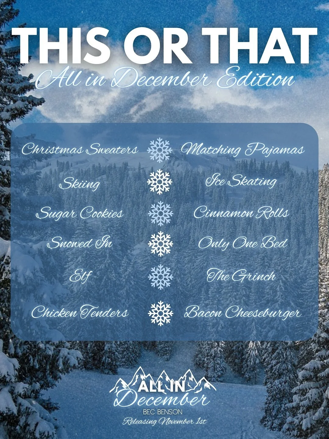 Swipe to see mine (but you&rsquo;ll see all of these in All In December!) ❄️ Share your picks below or you can add to your story!

Coming November 1st

Pre-order: https://books2read.com/u/bQOEn0 

Add to TBR: https://www.goodreads.com/book/show/24135