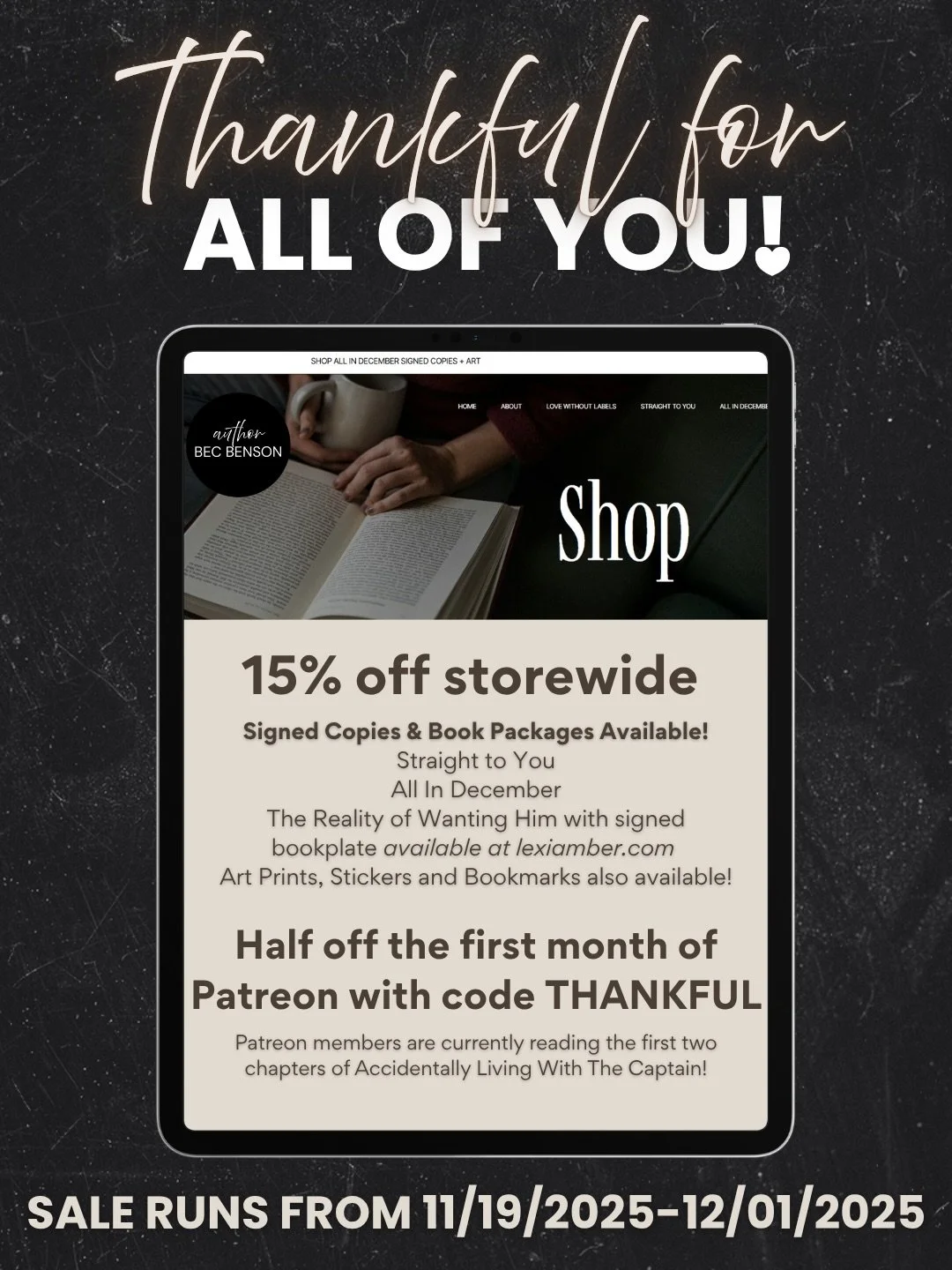 Shop becbenson.com and use code BLACKFRIDAY to save 15% on the entire store! ❤️

Seriously so grateful for all of you for taking a chance on me this year, writing these stories has been one of the most fulfilling things I&rsquo;ve ever done. 

You ca