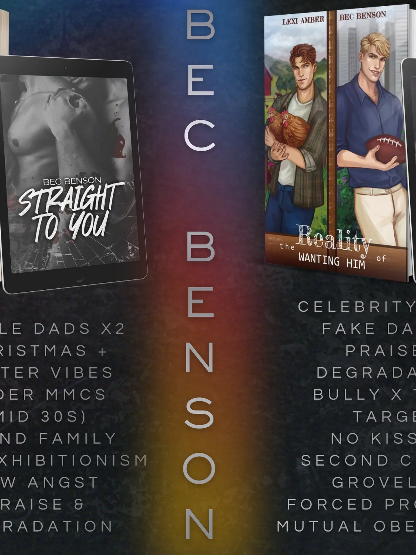 Hey, I&rsquo;m Bec Benson! A MM romance author who loves hot coffee, mgk, and love. 

I started writing after reading hundreds of queer romance stories and it&rsquo;s been one of the best things I&rsquo;ve ever done.

I&rsquo;m so grateful for everyo