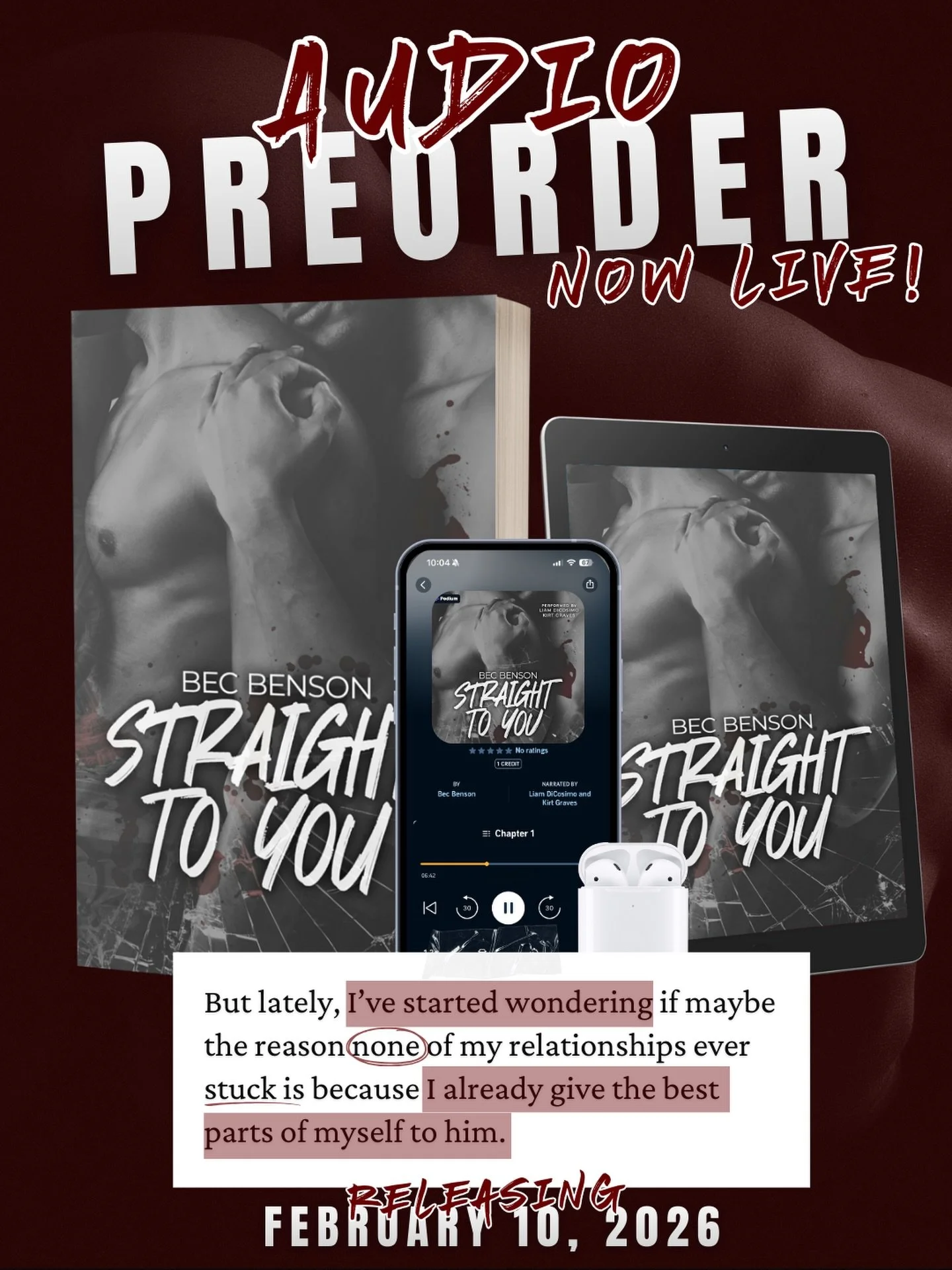 Last chance to pre order before Tuesday!! ❤️🎧

https://www.audible.com/pd/Straight-to-You-Audiobook/B0GC7BDCV2 

Can&rsquo;t believe the audio is really here, it&rsquo;s such a unique listening experience hearing Liam act out Ryders character who is