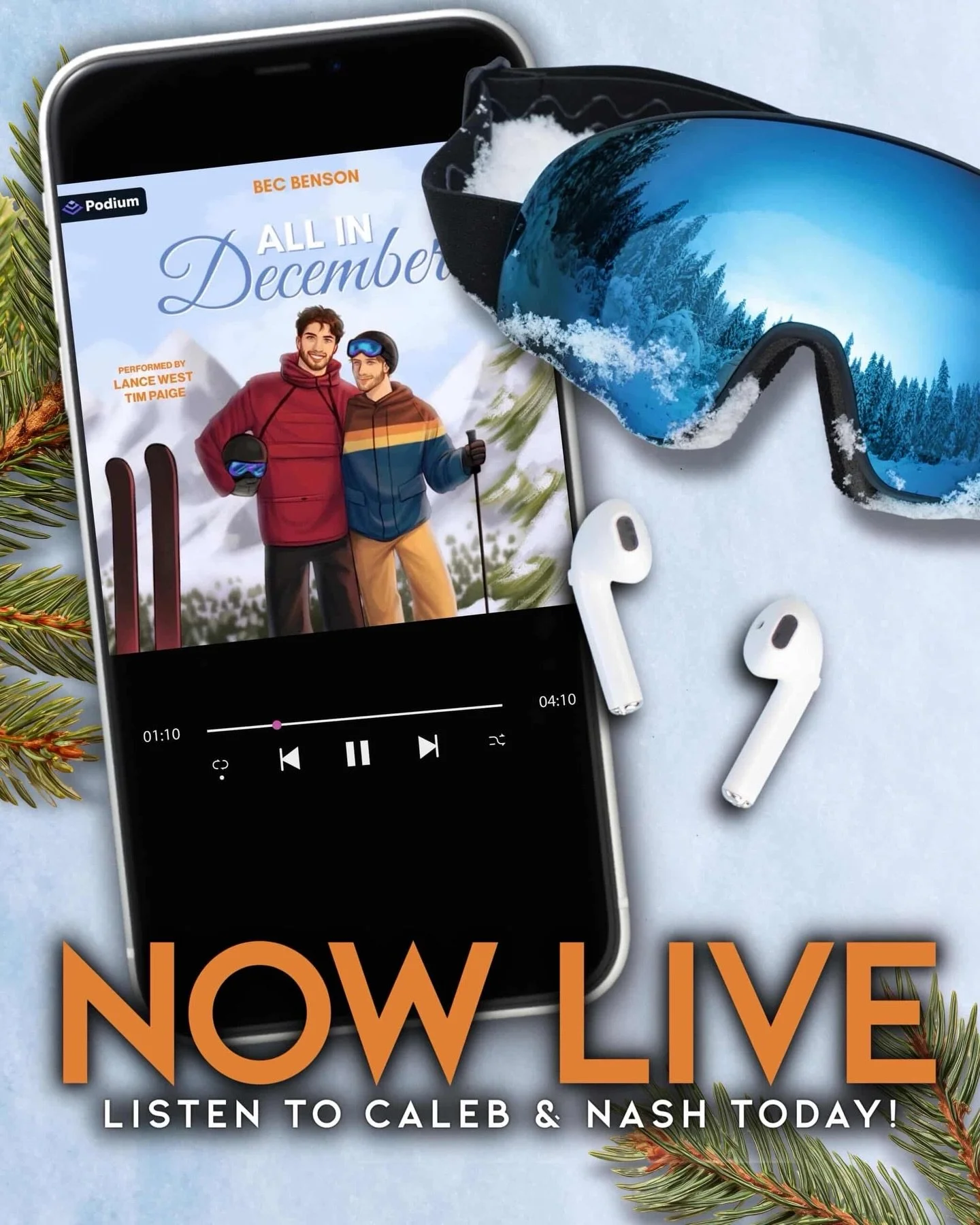 All in December audiobook is live!!! ❄️🎿

Thank you @podiumentertainment for producing it, and @thevoiceoftimpaige and @lancewest.reads for bringing Nash and Caleb to life! 

If you love single dads &amp; sweet + spicy romance with no angst, grab th