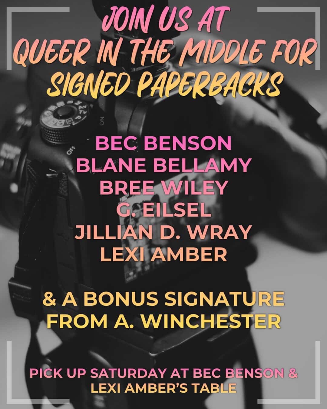 Love at First Snapshot: A Charity Anthology for The Trevor Project paperback preorders for Queer in the Middle are here!

What can you expect? 

Low-angst, queer meet-cute stories! 

Travel around the event to get signatures from: @authorbecbenson , 