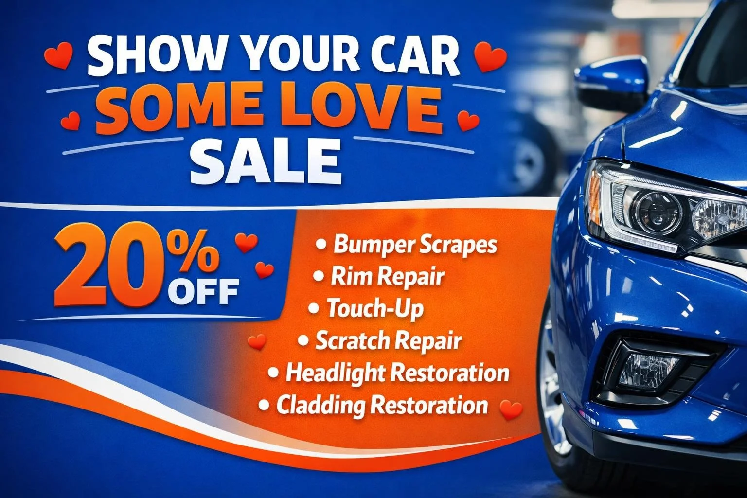 💝 SHOW YOUR CAR SOME LOVE 💝
This Valentine's Day, treat your ride to the care it deserves! 💖🚗✨
🌹 20% OFF 🌹
✅ Bumper Scrapes
✅ Rim Repair
✅ Touch-Up &amp; Scratch Repair
✅ Headlight Restoration
✅ Cladding Restoration
💘 Sale runs through Februar
