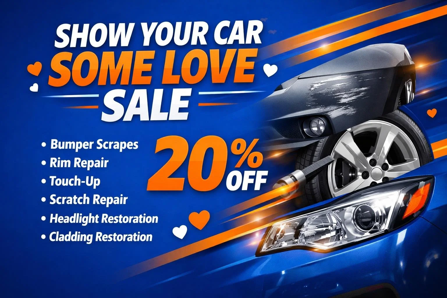 💝 SHOW YOUR CAR SOME LOVE 💝
This Valentine's Day, treat your ride to the care it deserves! 💖🚗✨
🌹 20% OFF 🌹
✅ Bumper Scrapes
✅ Rim Repair
✅ Touch-Up &amp; Scratch Repair
✅ Headlight Restoration
✅ Cladding Restoration
💘 Sale runs through Februar