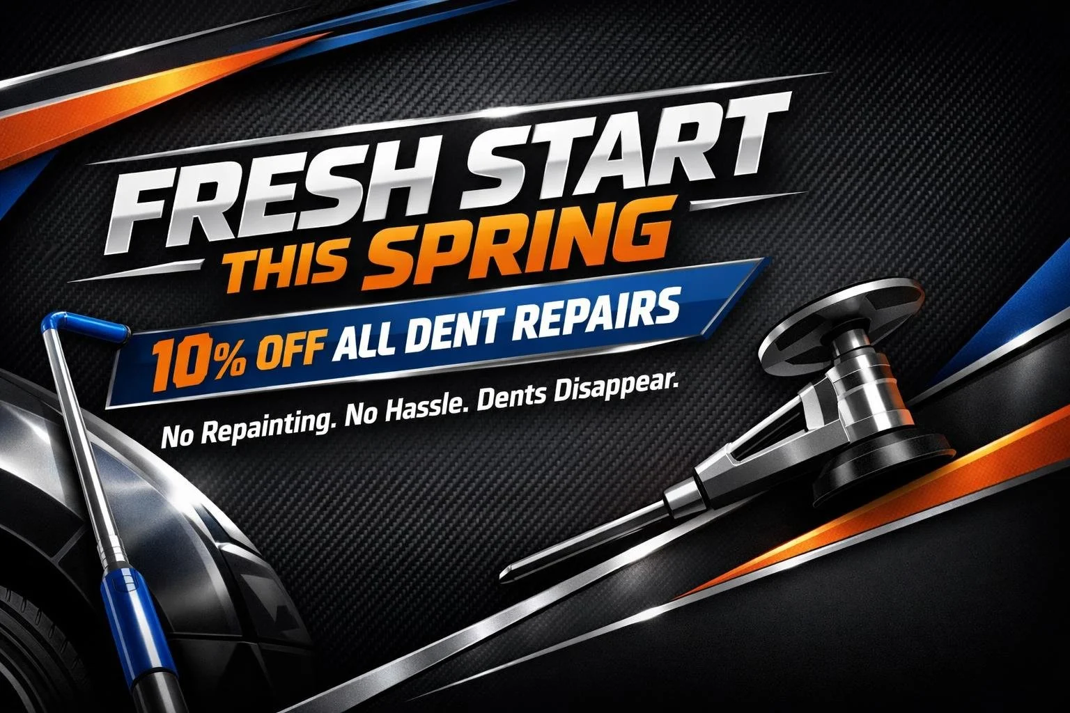 Your car's been collecting dents like they're a hobby. 🤦
Parking lots are war zones. We get it. But April just got a whole lot cheaper to recover from &mdash; 10% off Paintless Dent Repair all month long.
No paint. No filler. Just the satisfying mag