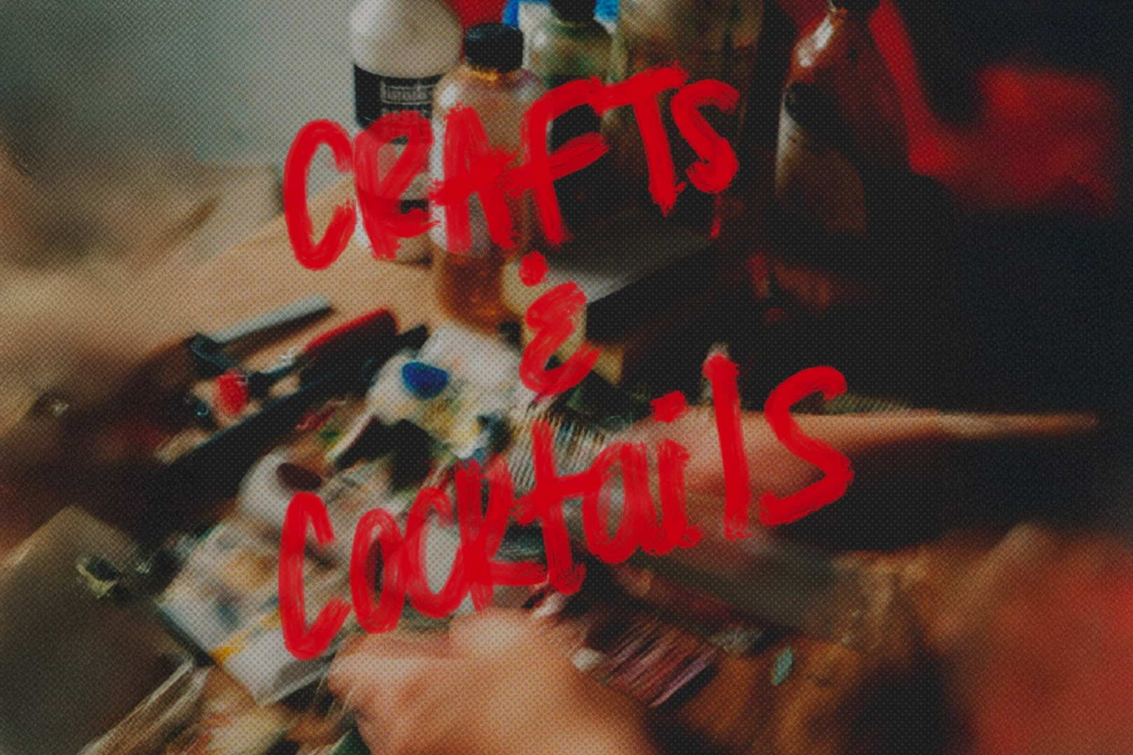 A cluttered table with various bottles, a phone, and a glass, with red text overlaid that reads 'CHEFS & COCKTAILS'.