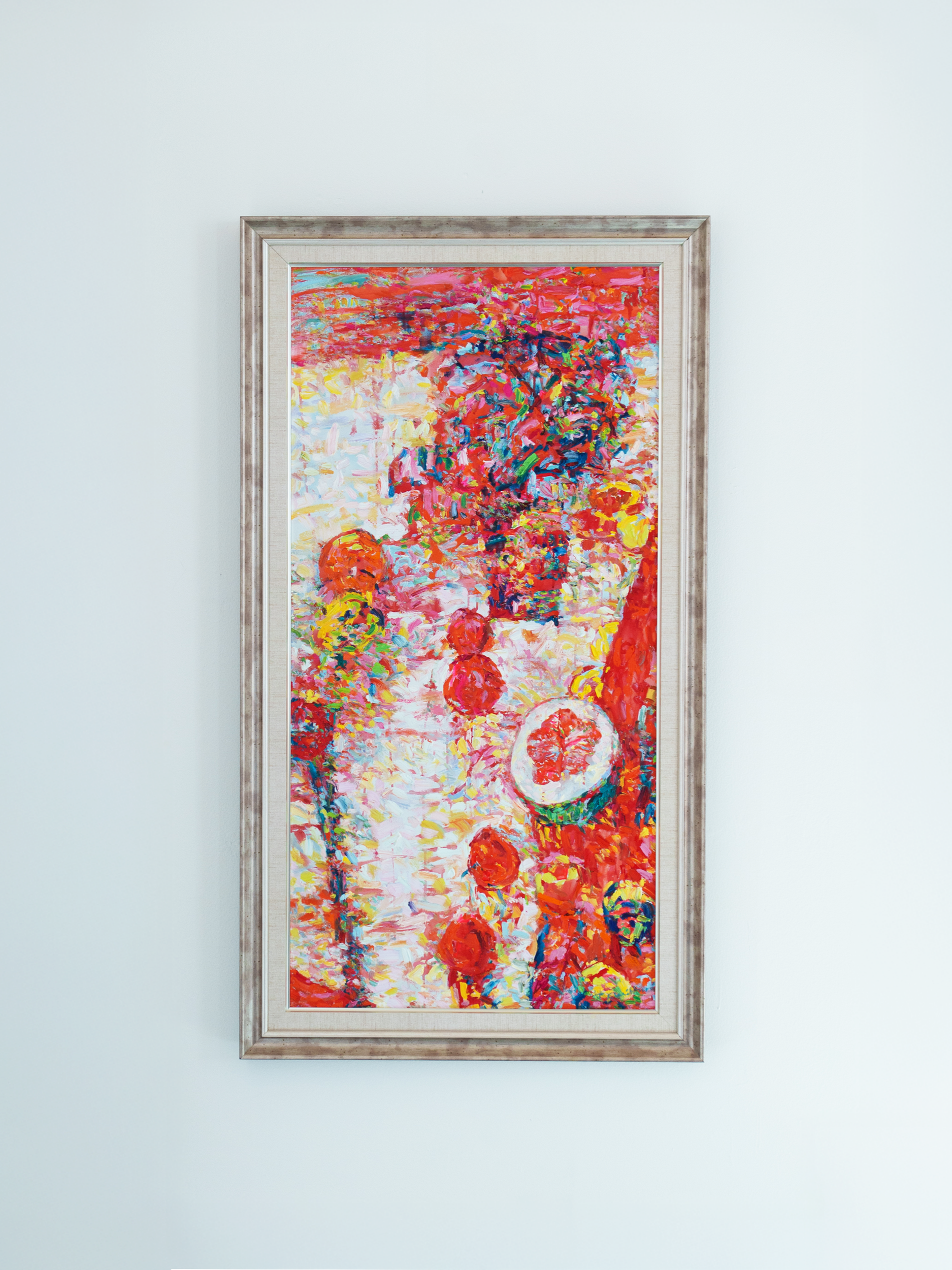 LIGHT OF LATE SUMMER
Piotr Kulikowski
Oil on canvas
30x54 | $2,200
Bold color and swirling brushstrokes capture the glow of late summer's final light. Fruit and flowers shimmer against a luminous background, evoking warmth, abundance, and the season'