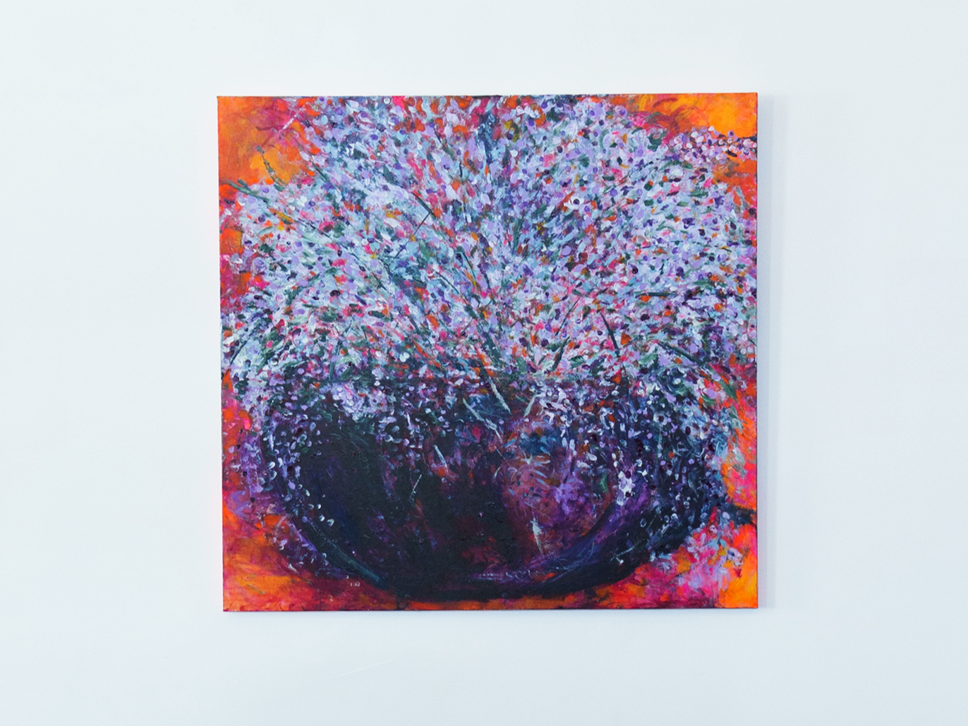 PURPLE VASE OF LILACS 
Christine Lampe
Acrylic on canvas
48x48 | $1,800
My abstract impressionistic vision of a large vase of spring lilacs painted with the feeling of a beautiful spring day and the energy it provides.