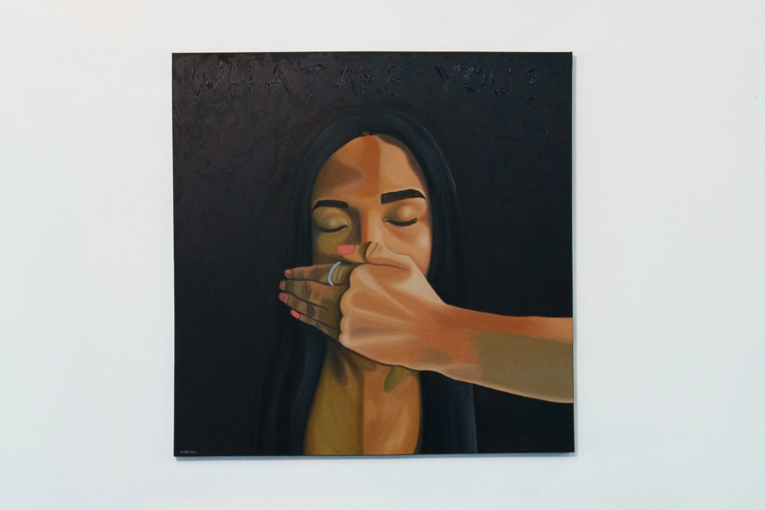 Painting of a woman with closed eyes and long dark hair, being silenced by a large hand covering her mouth.
