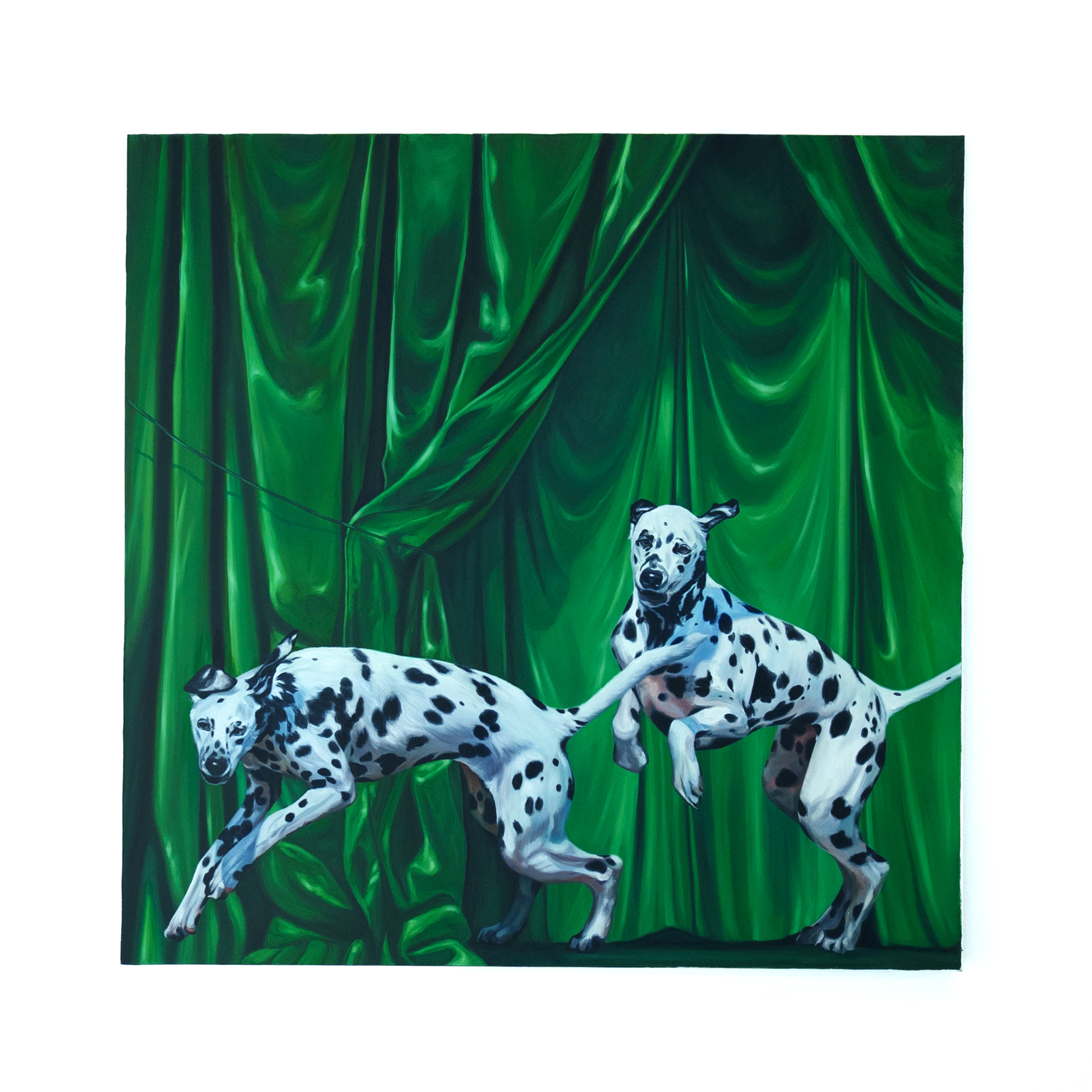 Painting of two Dalmatian dogs in front of green velvet curtain, one appearing to bite the other's tail.