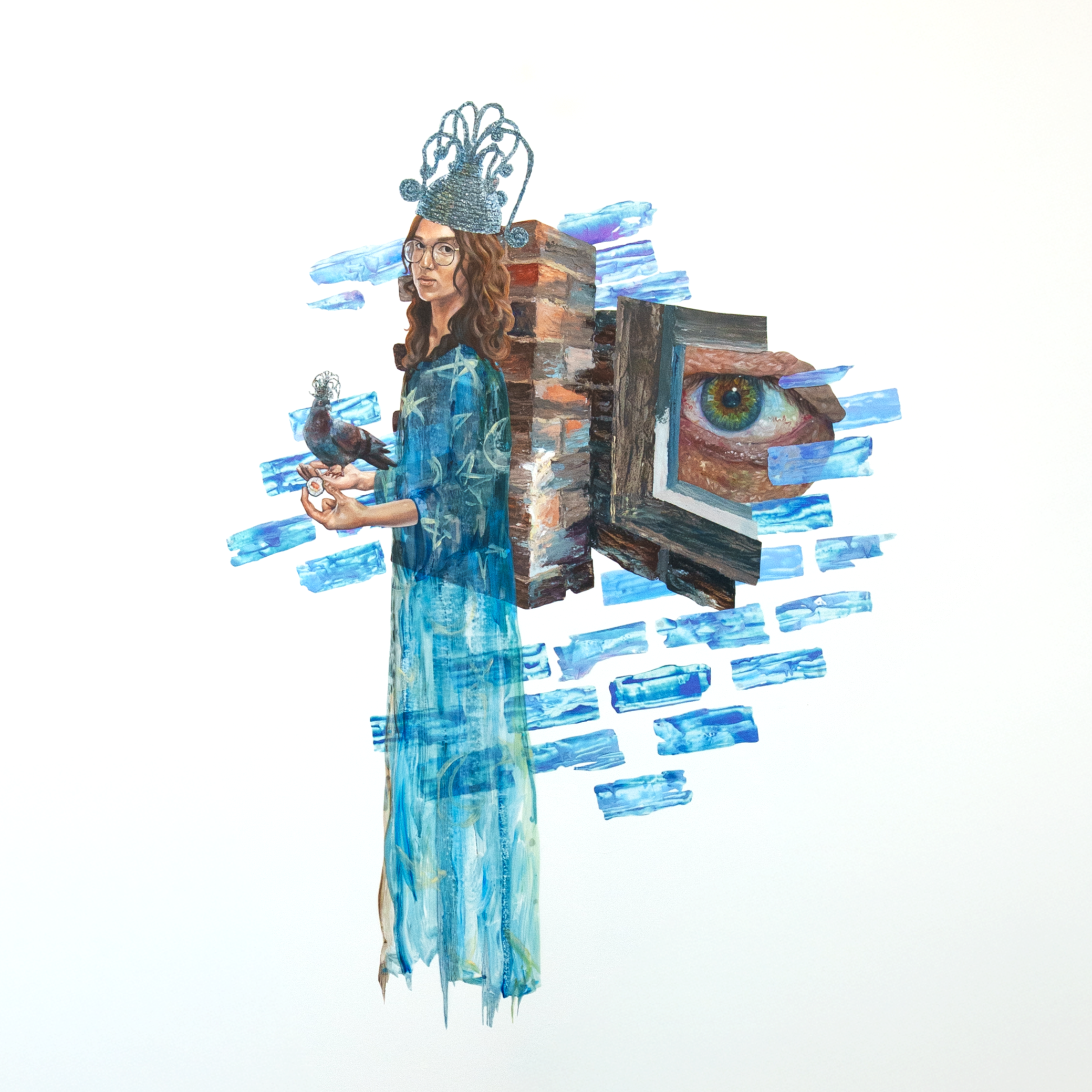 A mixed media artwork combining a painted portrait of a woman with digital collage elements including a brick wall, a window with a large eye, and hanging blue paint strokes.