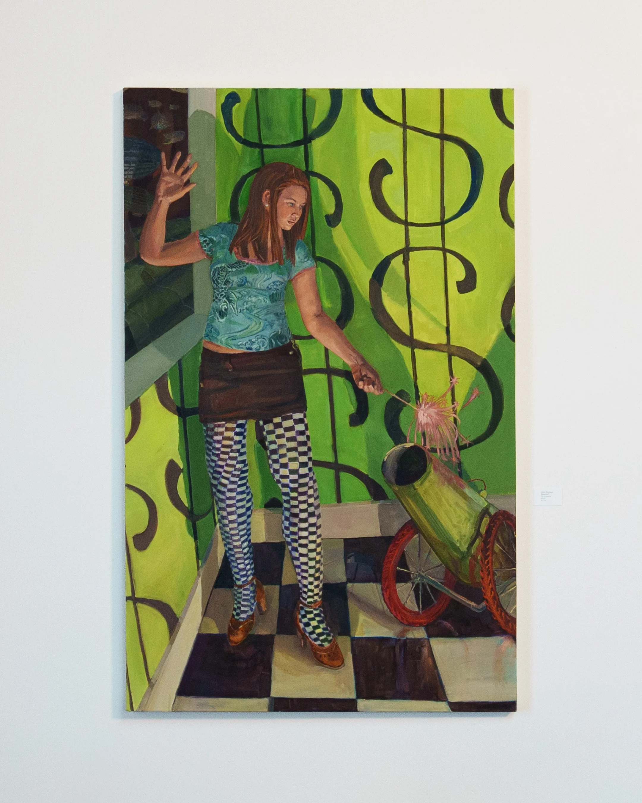 A colorful painting of a woman in a blue patterned shirt, checkered pants, and brown shoes, standing in a room with green walls and black-and-white checkered floor, holding a lit firework directed downward.