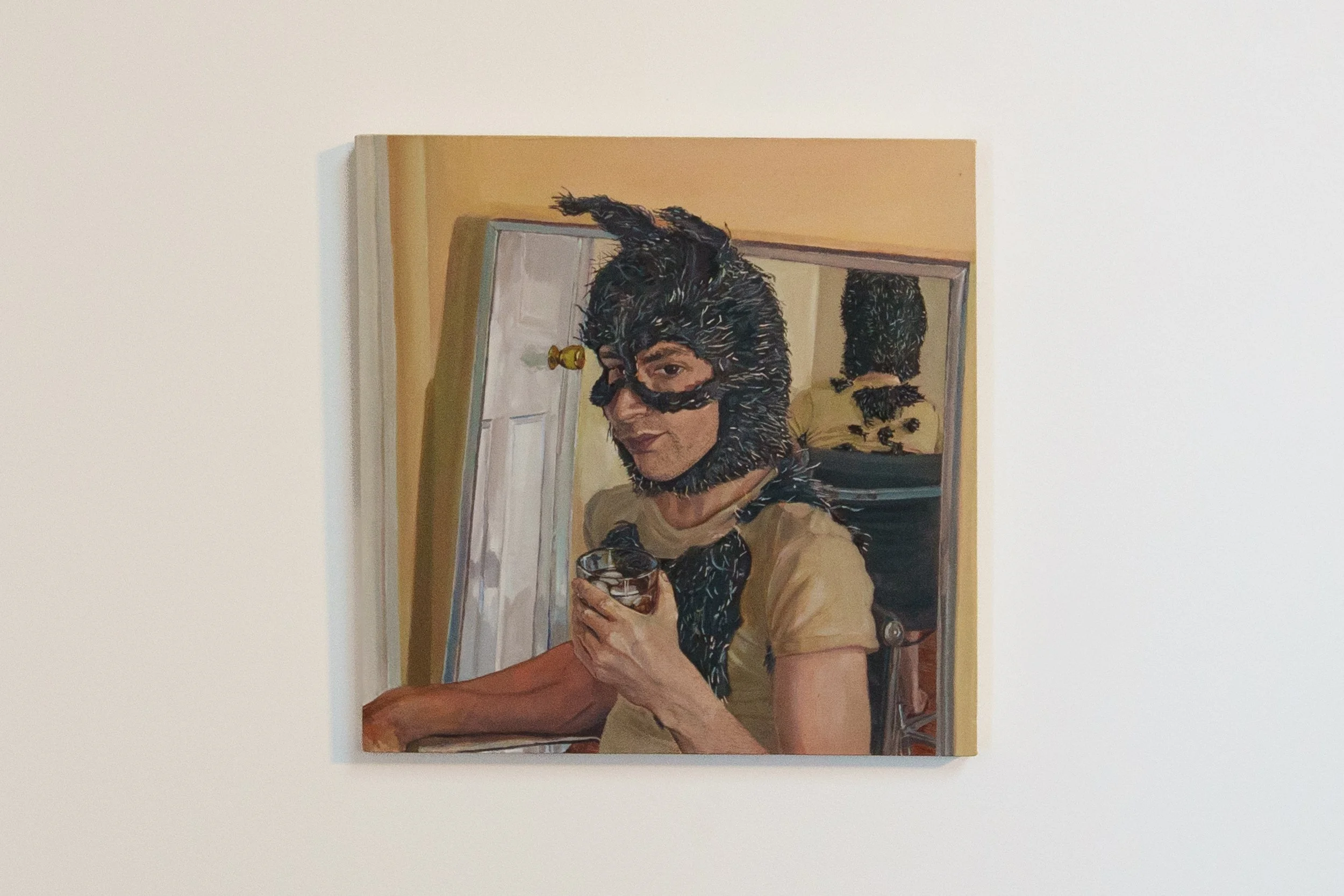 A painting of a person wearing a dog costume, holding a glass, with a mirror reflecting the back of their head and dog costume.