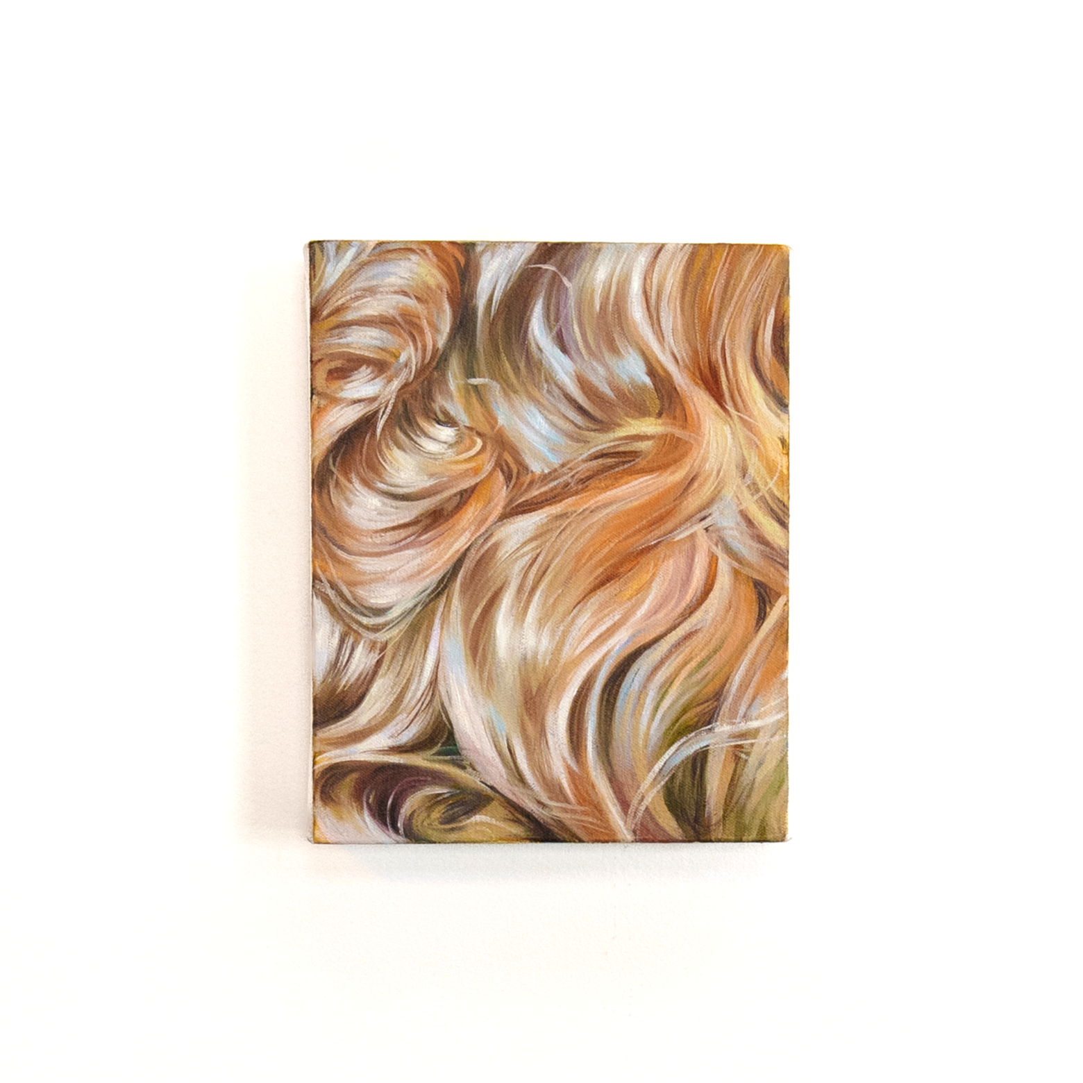 Abstract painting of flowing hair in shades of blonde, orange, and white on a small canvas