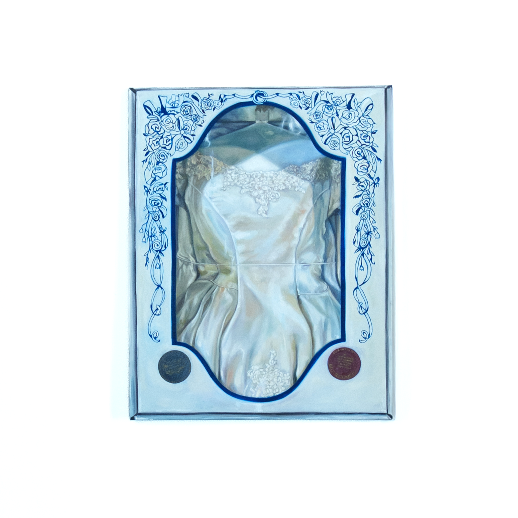 A boxed collectible doll dressed in a wedding gown, enclosed in a display box with decorative blue floral patterns and clear plastic window.